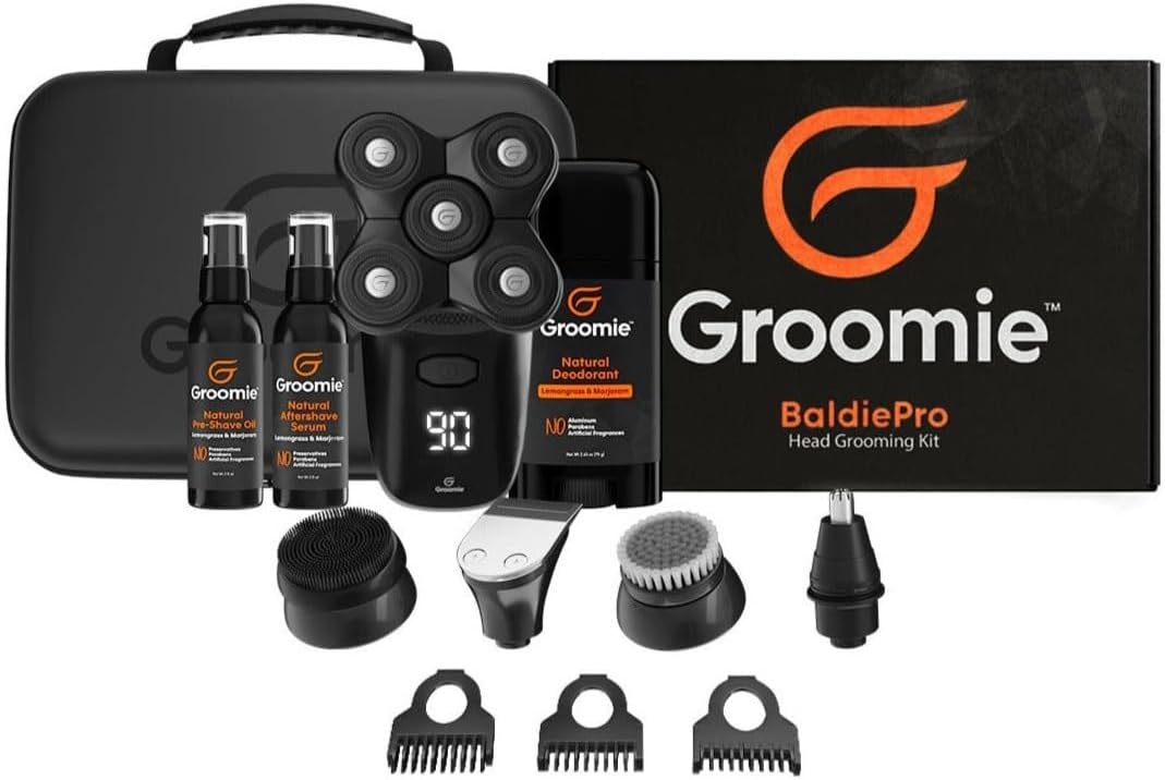 GROOMIE Crispy AF Full Grooming Kit for Bald Men - includes BaldiePro Electric Razor, Pre-Shave Oil, Aftershave Serum, Deodorant, Case, Charging Cable and Shaving Accessories - 5 Blades