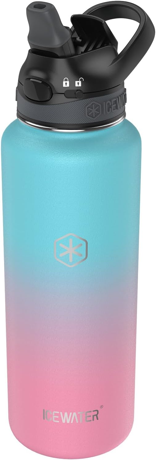 ICEWATER-40 oz Insulated Water Bottle With Auto Straw Lid and Carry Handle, Leakproof Lockable Lid with Soft Silicone Spout, One-hand Operation, Vacuum Stainless Steel (40 oz, Bubble Gum)