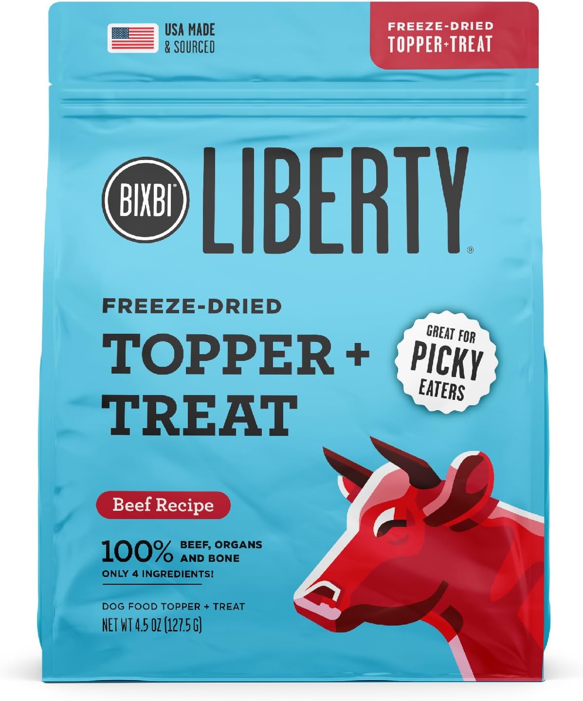 BIXBI Liberty Freeze Dried Dog Food Topper   Dog Treat, Beef Recipe, 4.5 oz - 98% Meat and Organs, No Fillers - Pantry-Friendly Raw Treat or Food Topper - USA Made in Small Batches