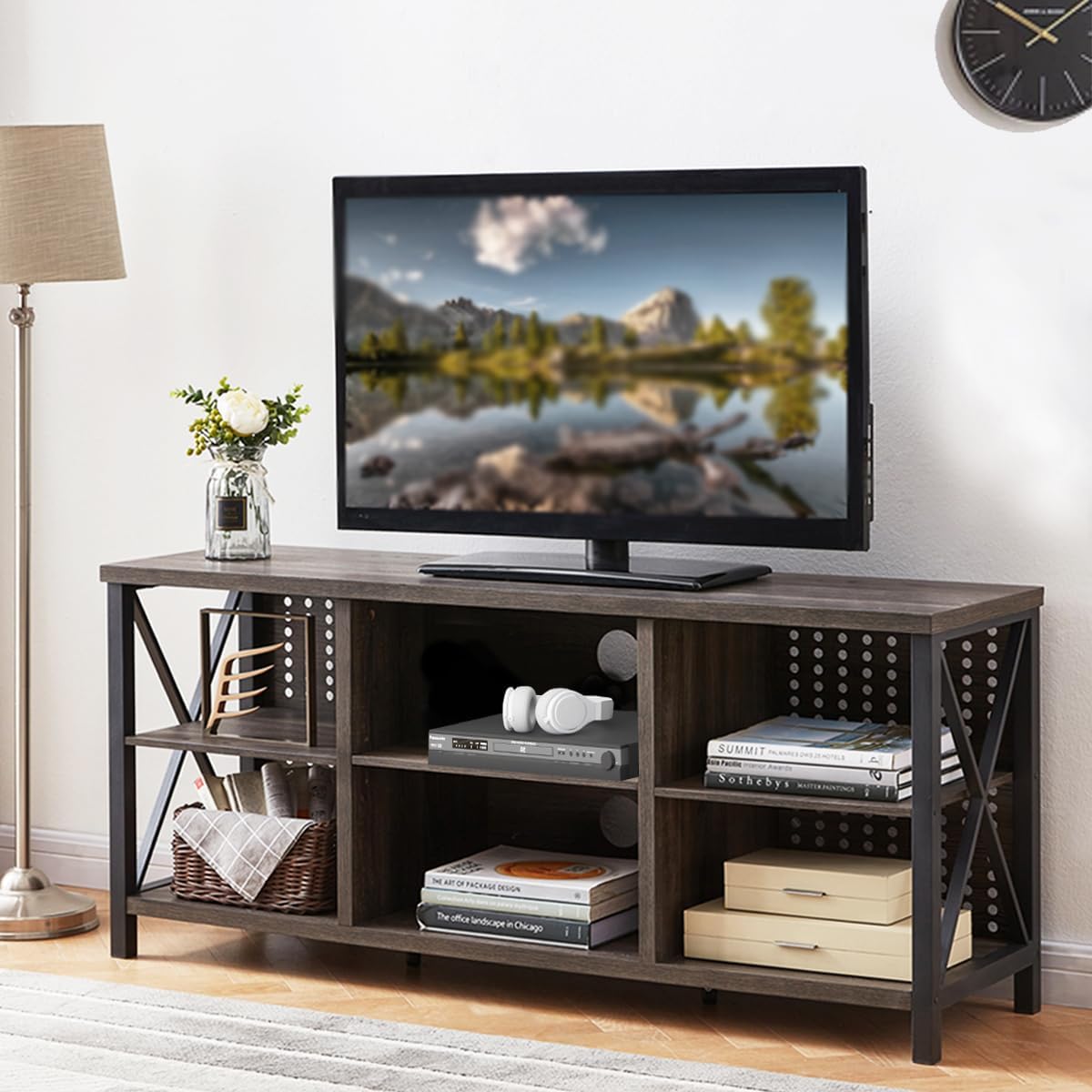 IBF TV Stand for 70 Inch TV, Rustic Industrial Entertainment Center, Large Television Stands for Living Bedroom, Long Wood Metal TV Table Stand with Media Console Cabinet Storage, Dark Gray Oak, 59 In