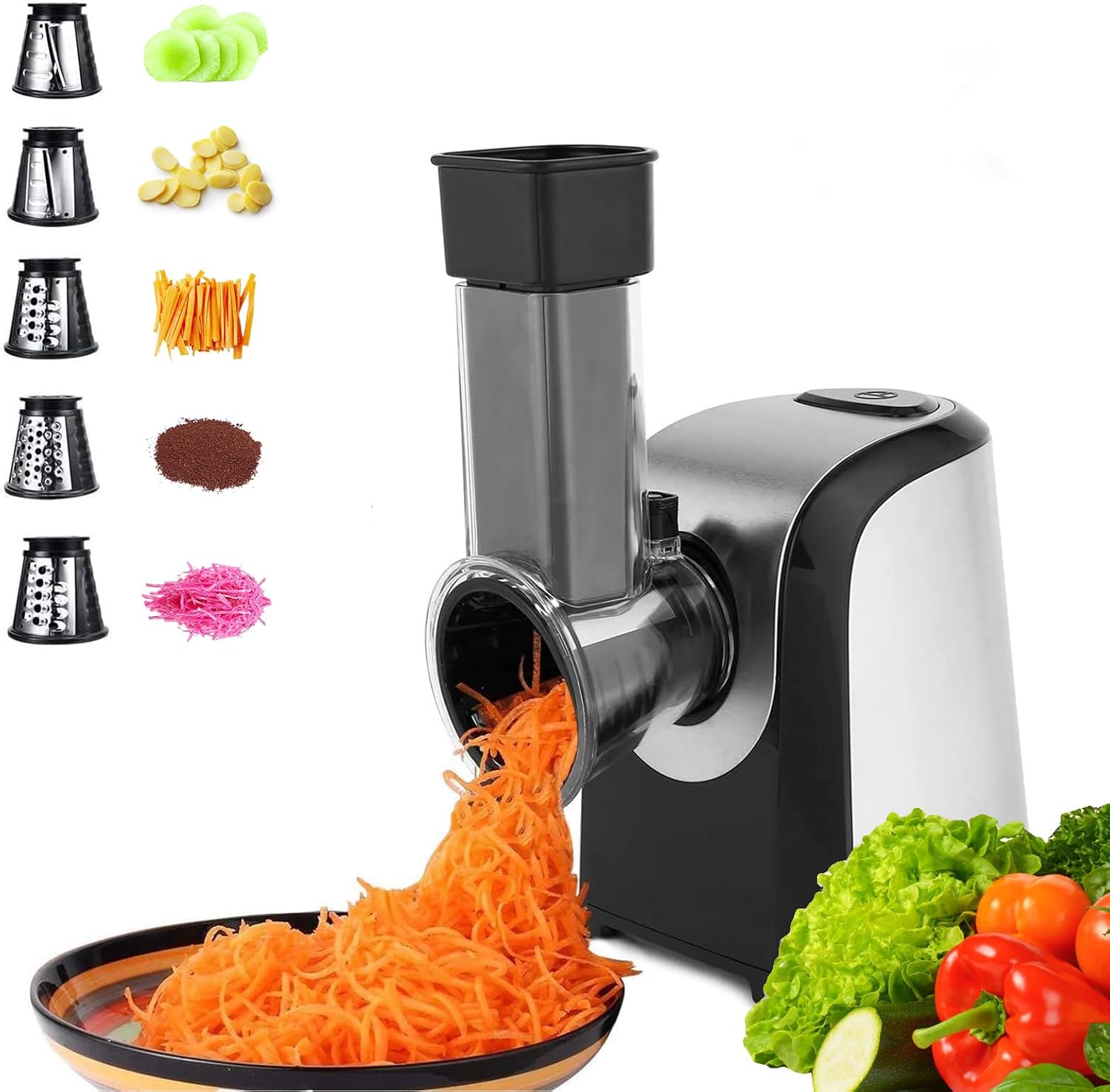 Electric Cheese Grater, 150W Electric Slicer Shredder with 5 Different Blades, One-Touch Control Salad Maker for Home Kitchen Use, Electric Cheese Grater for Block Cheese, Fruit, Vegetables, BPA-Free