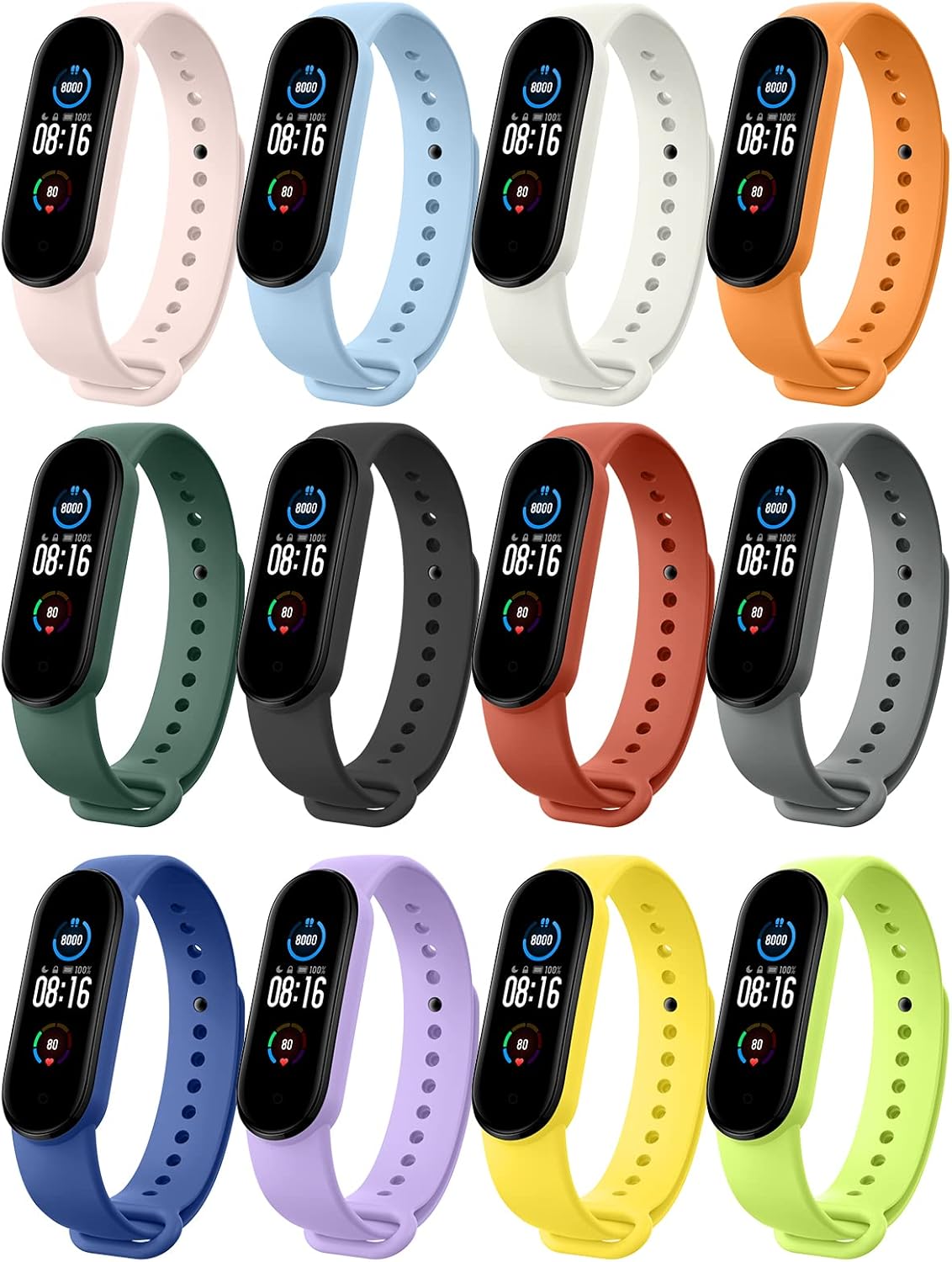 MoKo Watch Band Compatible with Xiaomi Mi Band 6/Mi Band 5/Amazfit Band 5 Fitness Tracker, 12 Colors Set Soft Silicone Replacement Strap Adjustable Sport Wristband for Men Women