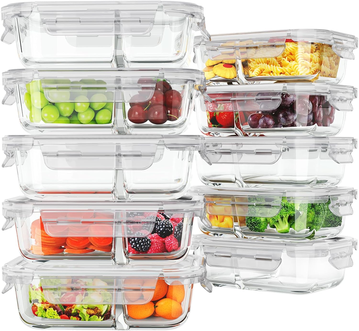 10 Pack Glass Meal Prep Containers 2 Compartment, Food Storage Containers with Lids, Airtight Lunch Bento Boxes (10 lids & 10 Containers) - White