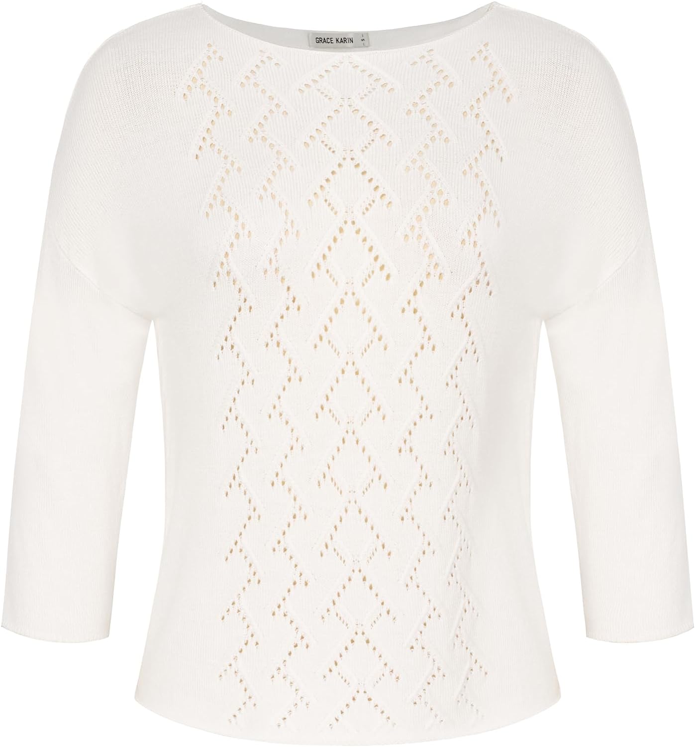 GRACE KARIN 2024 Women' Hollow-Out 3/4 Sleeve Lightweight Sweater Boat Neck Off The Shoulder Sweater Crochet Top