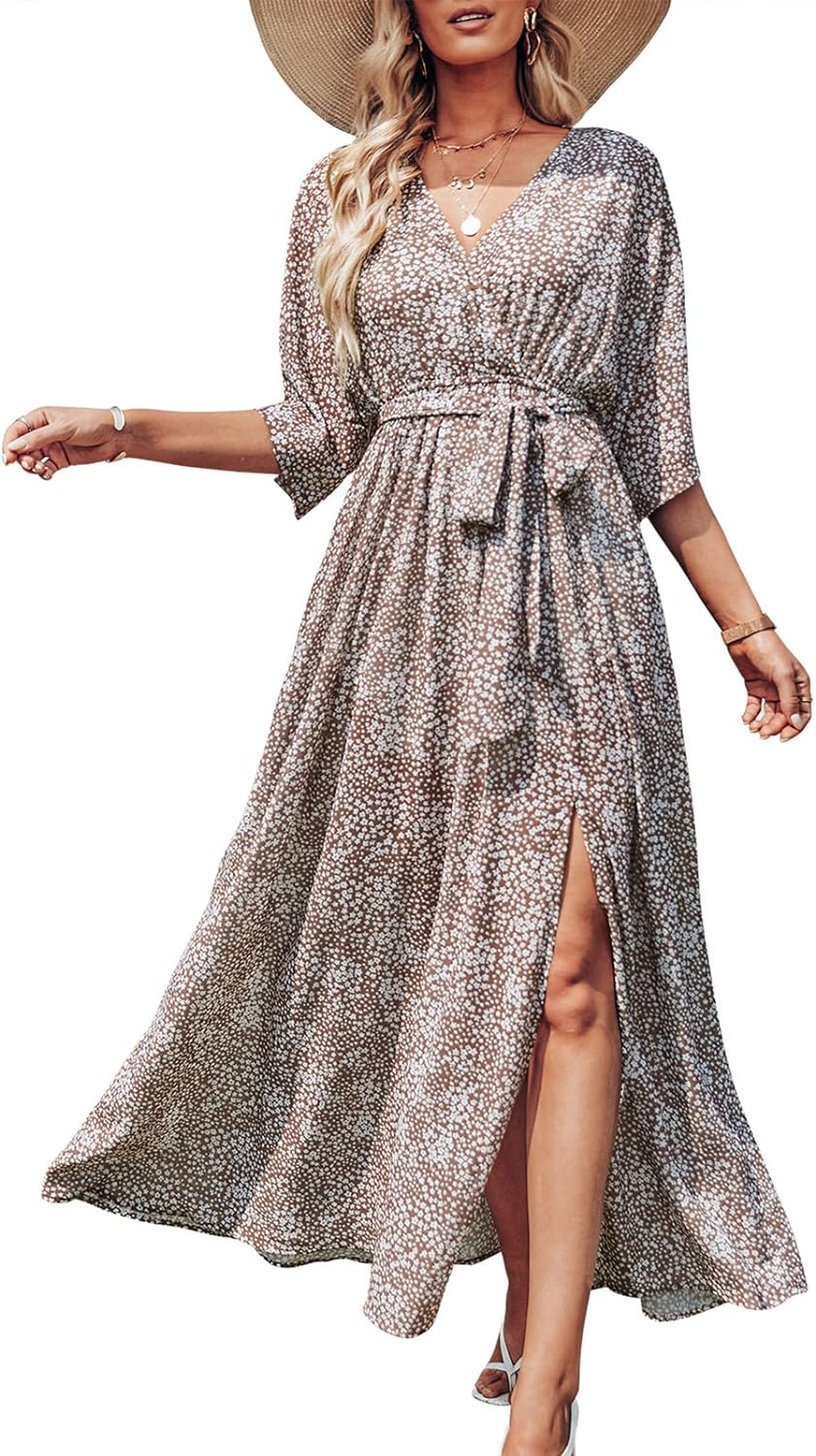 ANRABESS Womens Summer Loose Boho Flowy Wrap V Neck 3/4 Sleeve Floral Print Slit Beach Wedding Guest Long Maxi Dresses 2024