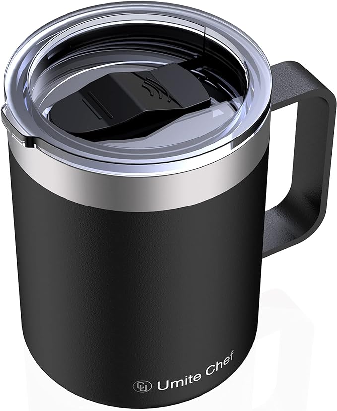 Umite Chef Stainless Steel Insulated Coffee Mug Tumbler with Handle, 12 oz Double Wall Vacuum Tumbler Cup with Lid Insulated Camping Tea Flask for Hot & Cold Drinks(Black)