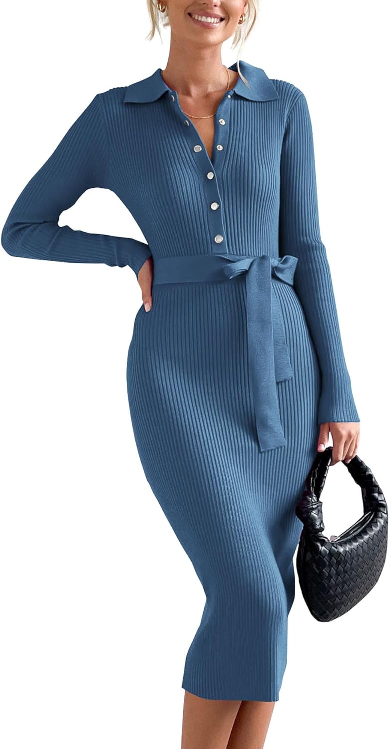 BTFBM 2024 Women V Neck Long Sleeve Bodycon Sweater Dress Button Up Tie Waist Ribbed Knit Midi Pencil Dresses with Belt