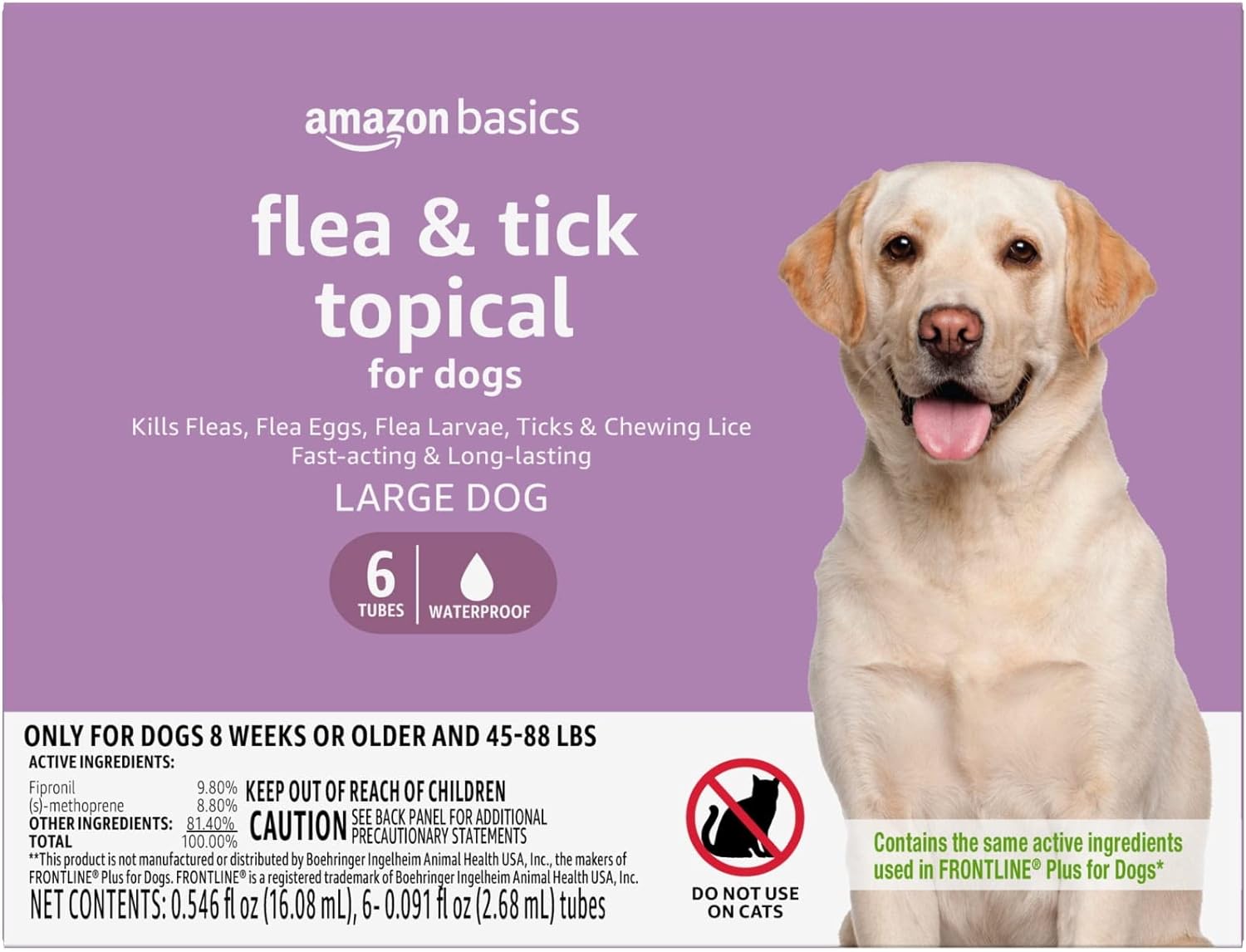 Amazon Basics Flea and Tick Topical Treatment for Large Dogs (45-88 lbs), Unscented, 6 Count (Previously Solimo)