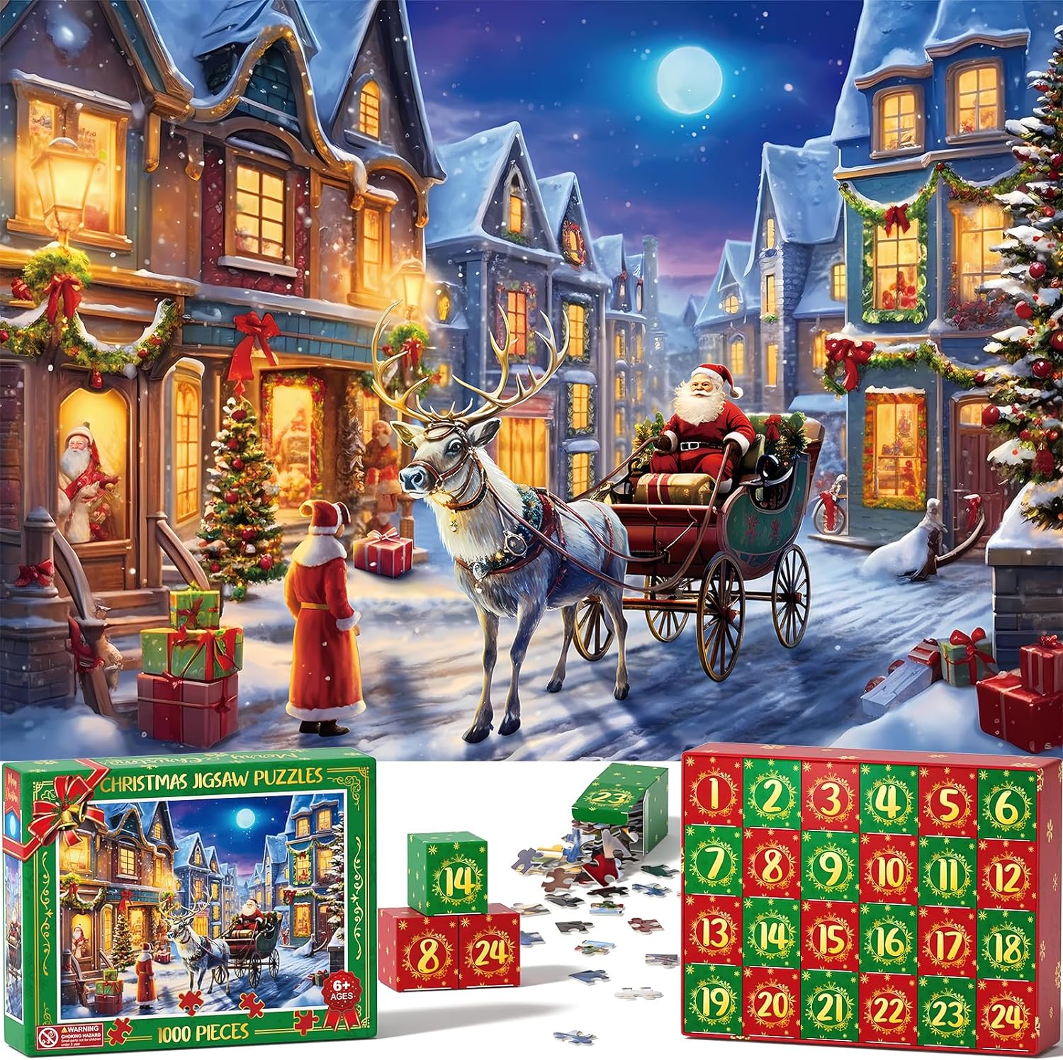 Tiblue Advent Calendar 2023 Christmas Jigsaw Puzzles 1000 Pieces for Kid Teen Adult - 24 Days Christmas Countdown Calendar Thanksgiving Xmas Holiday Gift Family Game Puzzle Toy for Boy Girl Women Men