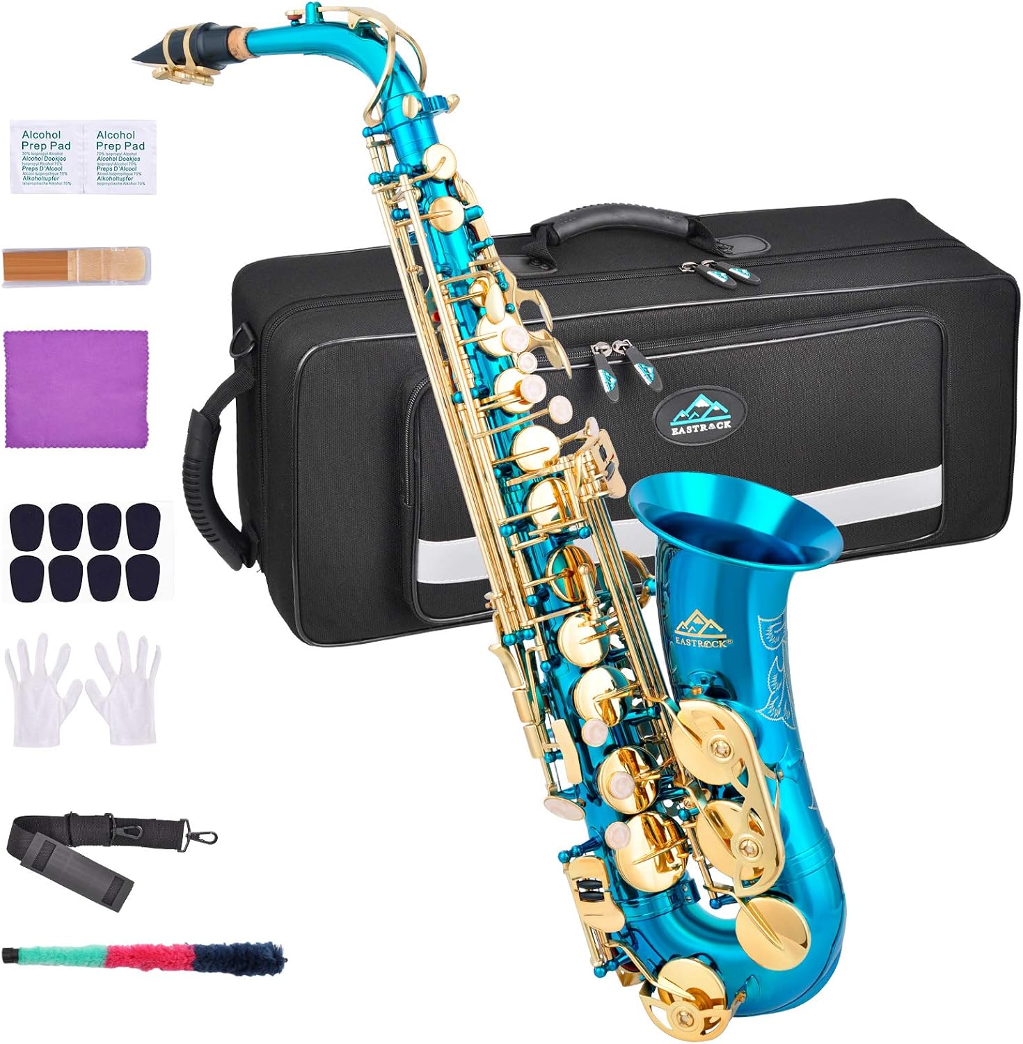 EASTROCK Light Blue/Golden Alto Saxophone E Flat Sax Full Kit for Students Beginner with Carrying Case,Mouthpiece,Mouthpiece Cushion Pads,Cleaning Cloth&Cleaning Rod,White Gloves,Neck Strap