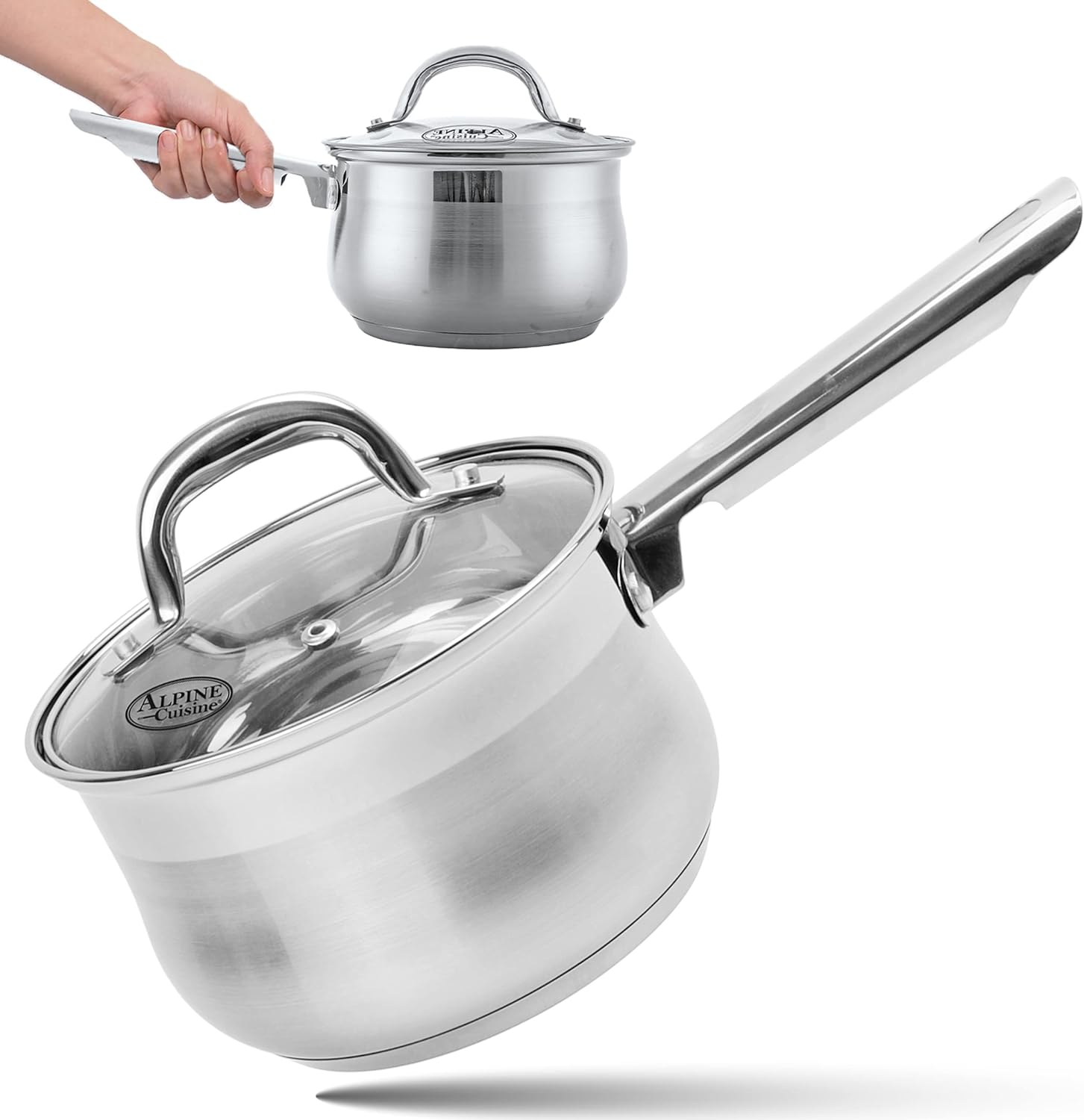 Alpine Cuisine Sauce Pan Stainless steel 3Qt Belly Shape with Glass Lid & Ergonomic Handle, induction Bottom Sauce Pan, Sauce Pot with Glass Lid for Cooking, Easy Clean & Rust Free, Dishwasher Safe