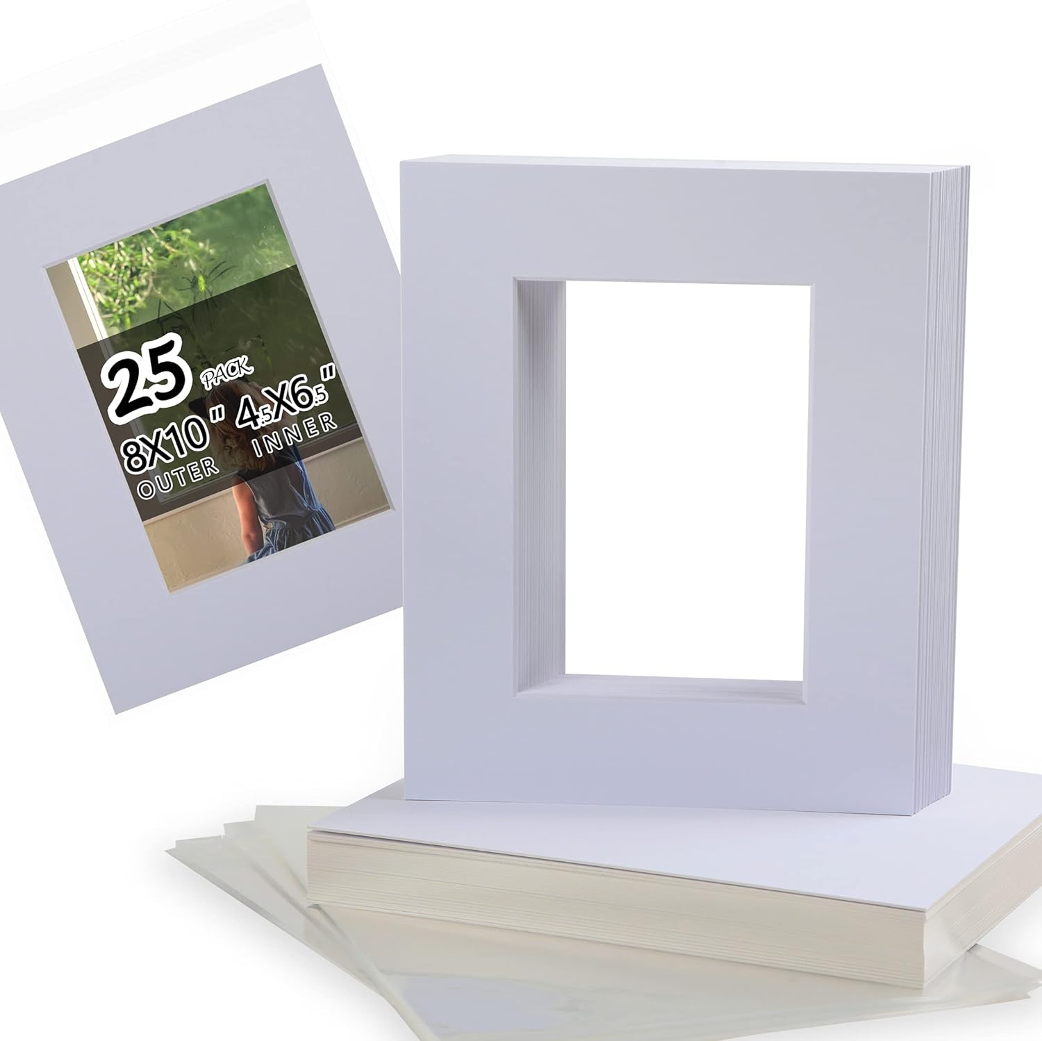 Acid Free 8x10 Pre-Cut Picture Mat Board Kit for 5x7 Photo, Includes 25 White Core Bevel Cut Mattes, 25 Backing Boards, 25 Crystal Clear Bags