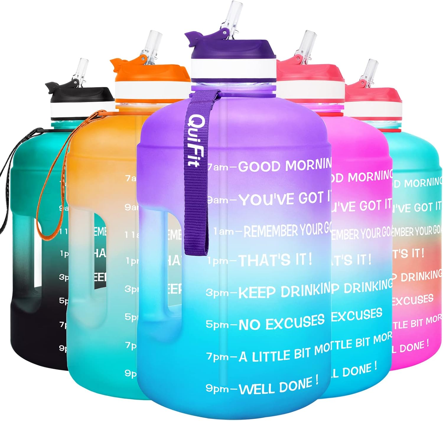 QuiFit Motivational Gallon Water Bottle - with Straw & Time Marker BPA Free Large Reusable Sport Water Jug with Handle for Fitness Outdoor Enthusiasts Leak-Proof