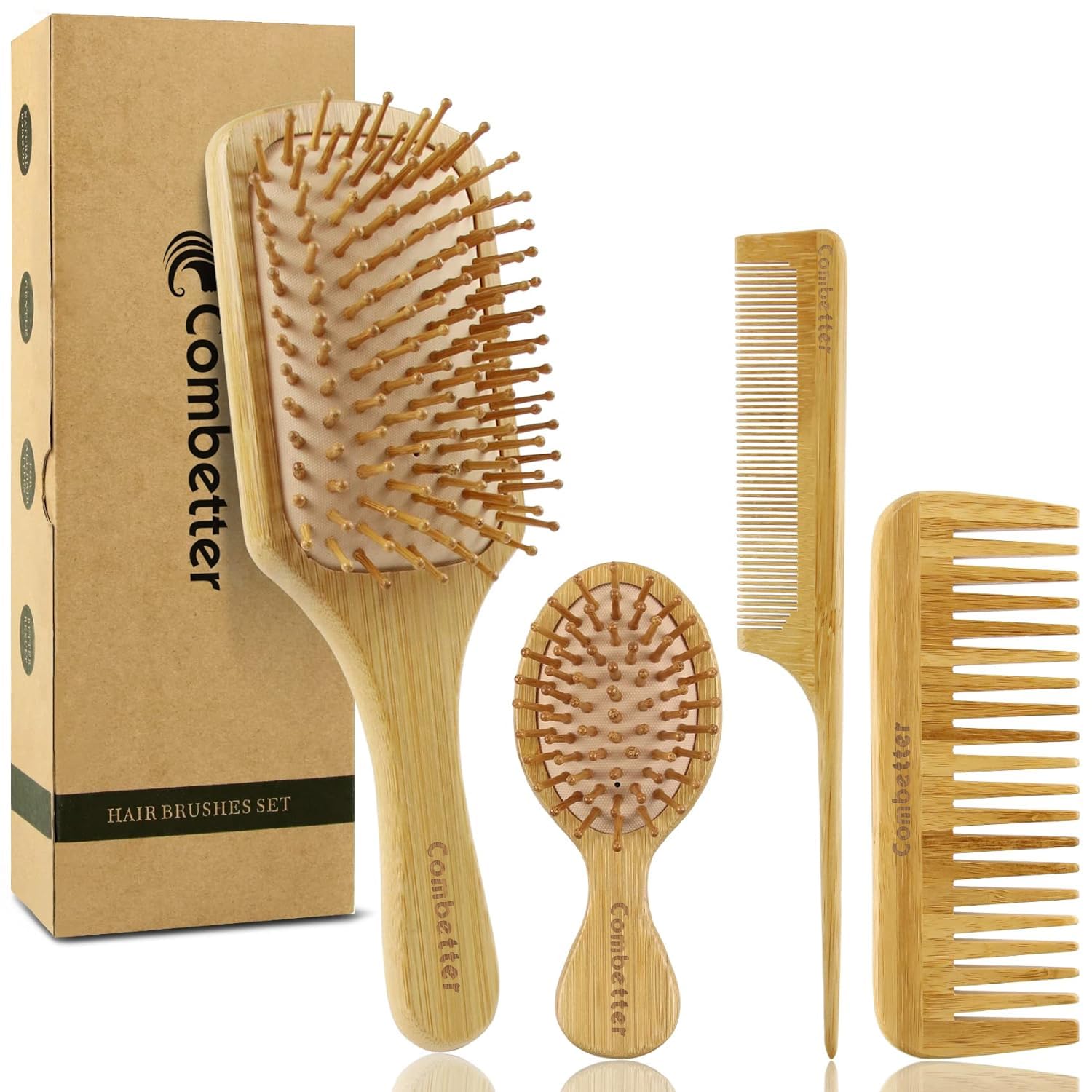 100% Bamboo Hair Brushes and Comb Set by Combetter, Comb for Women and Detangling, Great on All Hair, Eco-Friendly and Handmade for Women Men and Kids