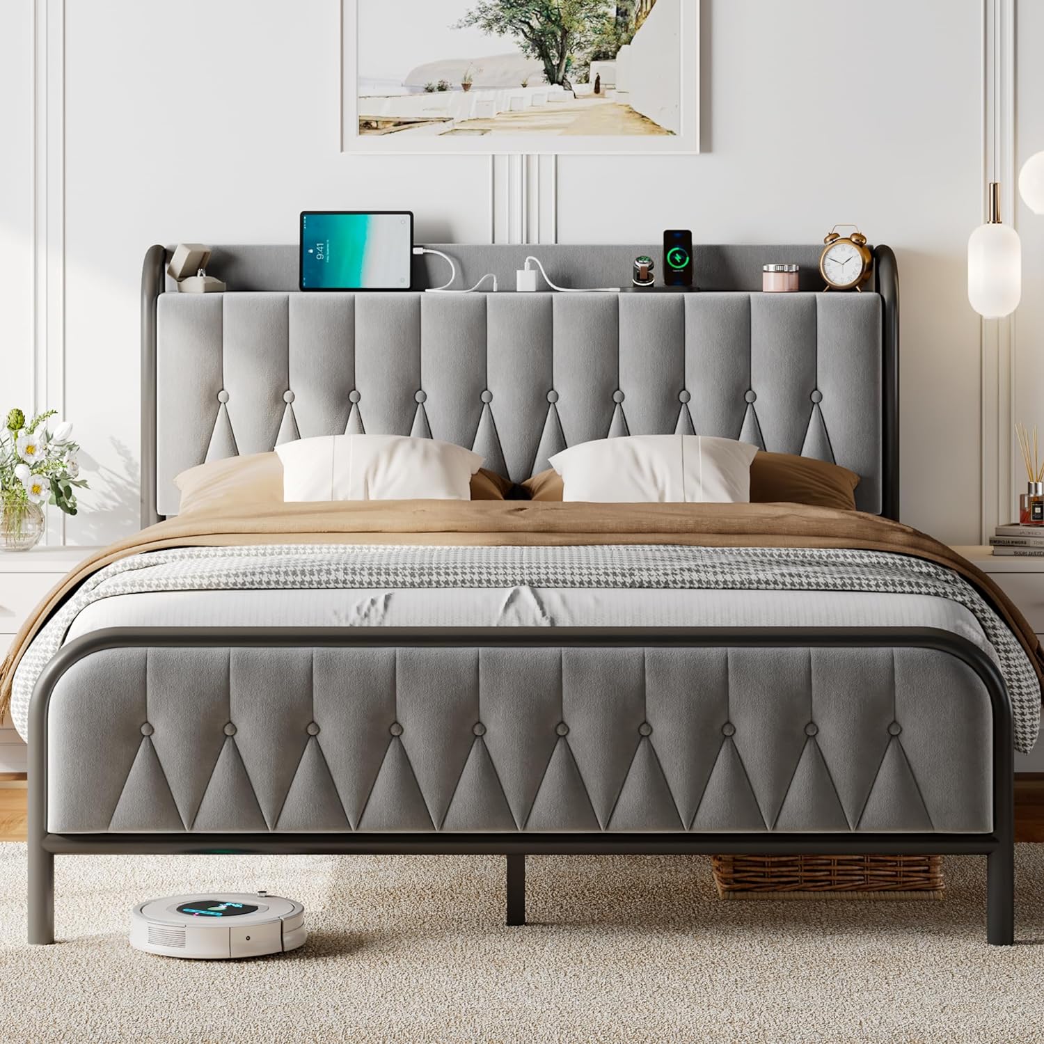 Feonase+Full+Size+Bed+Frame+with+Type-C+%26+USB+Port%2c+Fast+Charging+Metal+Platform+Beds%2c+Velvet+Upholstered+Headboard+%26+Footboard%2c+12%22+Under+Bed+Storage+Space%2c+Easy+Assembly%2c+Noise-Free%2c+Gray%ef%bf%bd%ef%bf%bd