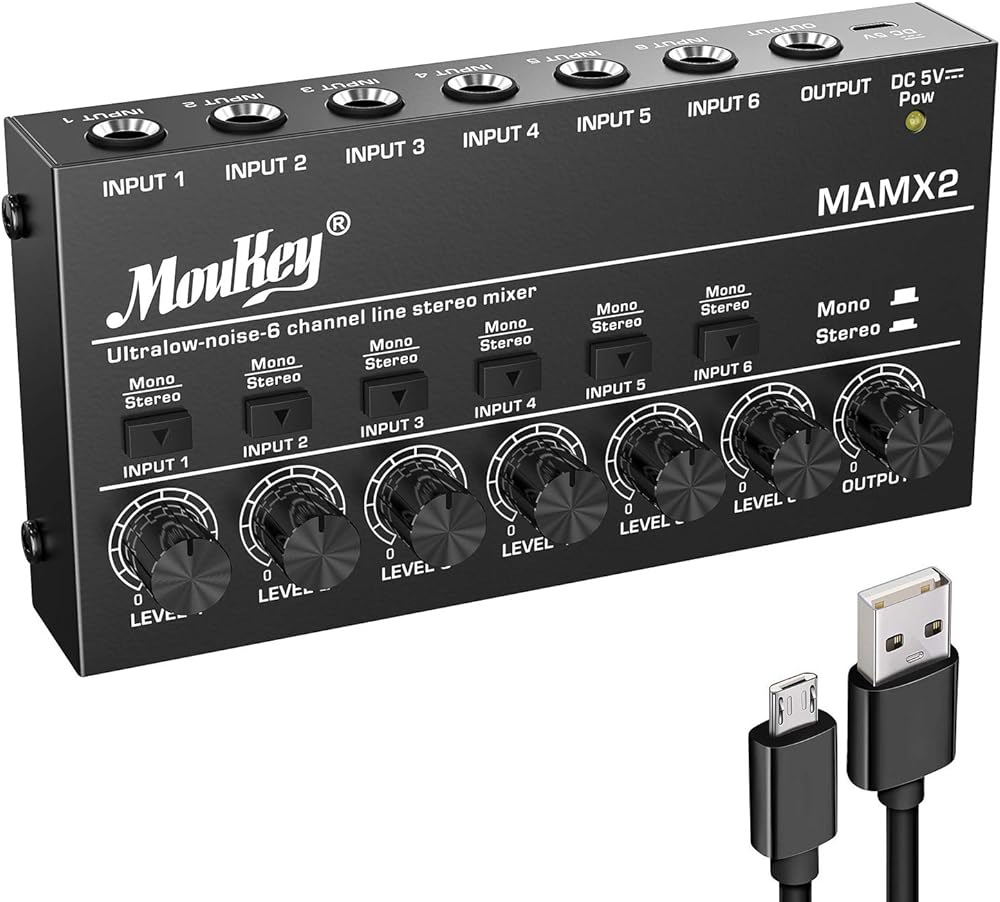 Moukey Audio Mixer Line Mixer, DC 5V, 6-Stereo Ultra, Low-Noise 6-Channel for Sub-Mixing, for Small Clubs or Bars, As Guitars, Bass, Keyboards Mixer, 2021 New Version-MAMX2