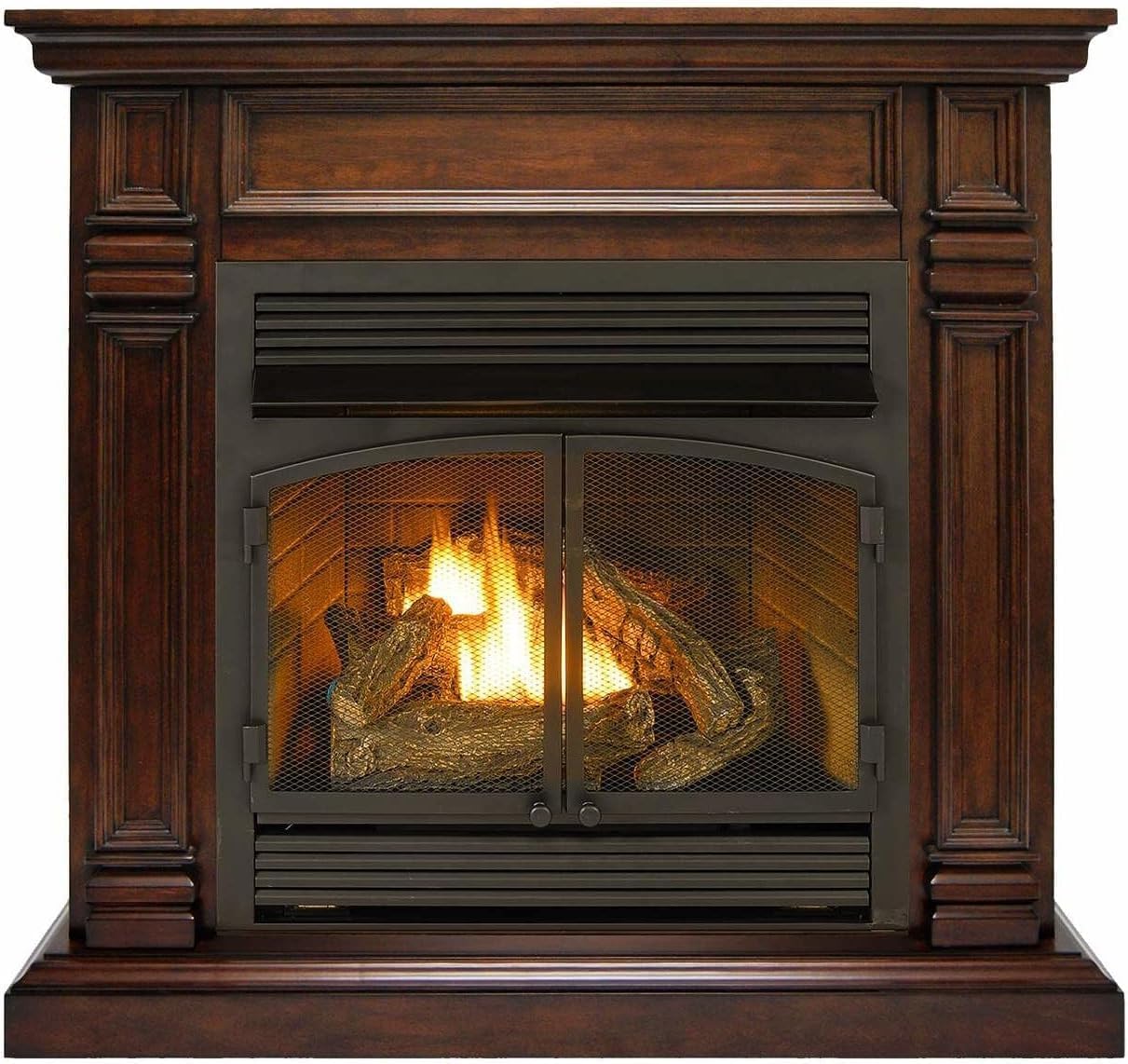 Duluth Forge Dual Fuel Ventless Gas Fireplace System with Mantle, Thermostat Control, 6 Fire Logs, Use with Natural Gas or Liquid Propane, 32000 BTU, Heats up to 1500 Sq. Ft., Walnut Finish