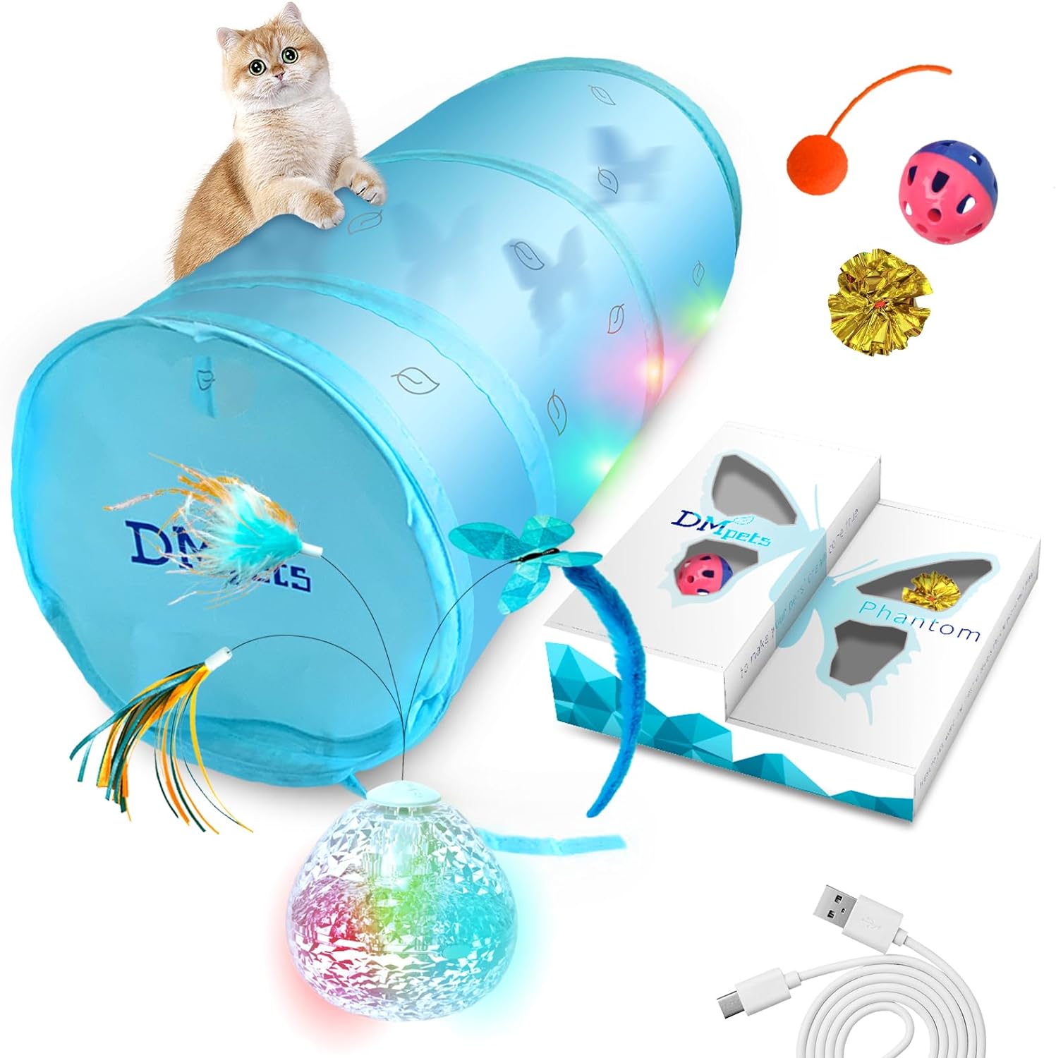 Migipaws Cat Toys, Interactive Cat Toy for Indoor Cats Play Moving Shadow of Butterfly Feather Project on Cat Tunnel, Cardboard Box Toys, Rechargeable