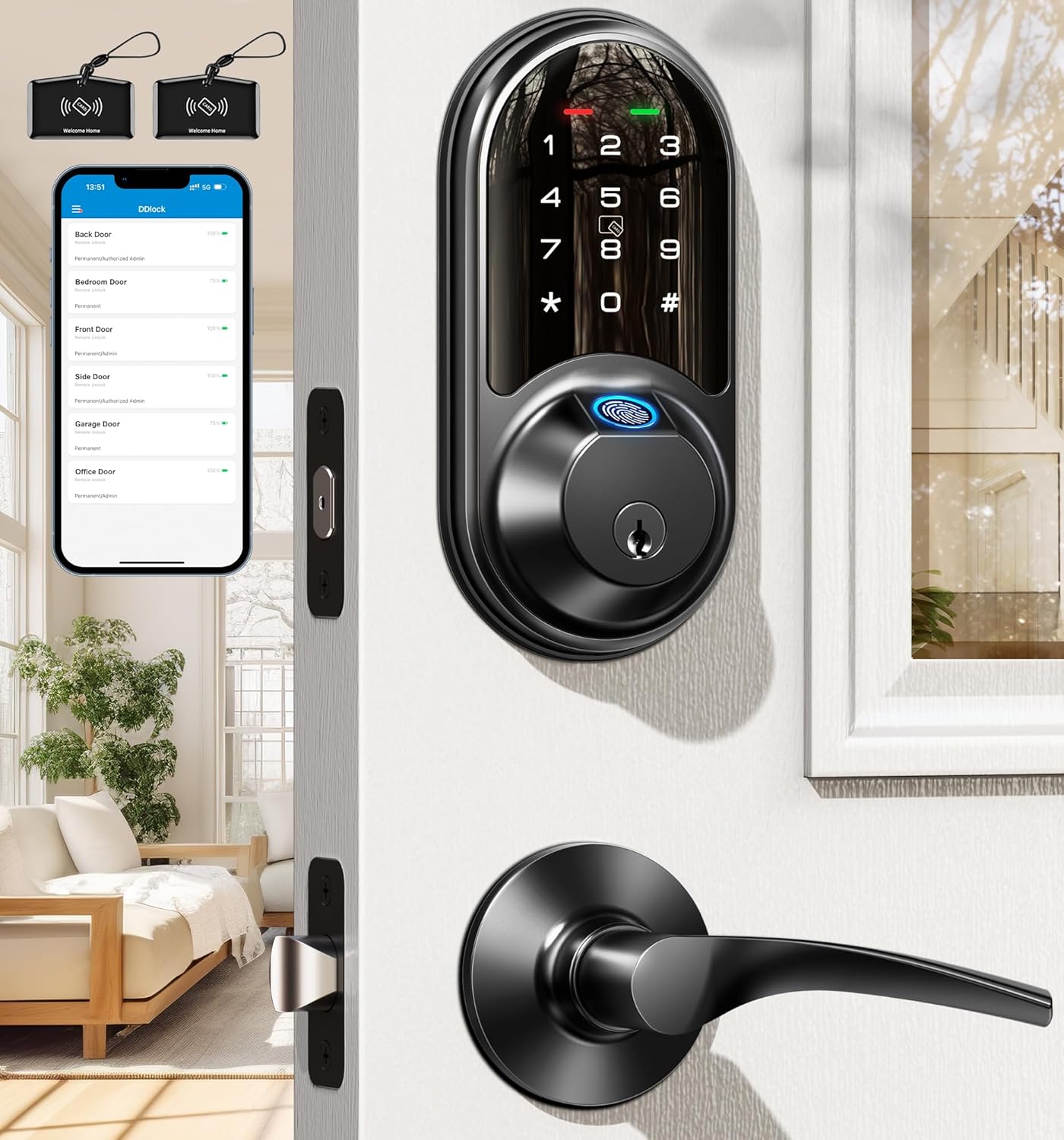 Veise Smart Locks for Front Door, 2 Lever Handles, Fingerprint Keyless Entry, App Control Biometric Door Lock Set, Electronic Digital Touchscreen Keypad Deadbolt, Easy Install, Auto Lock, Matte Black