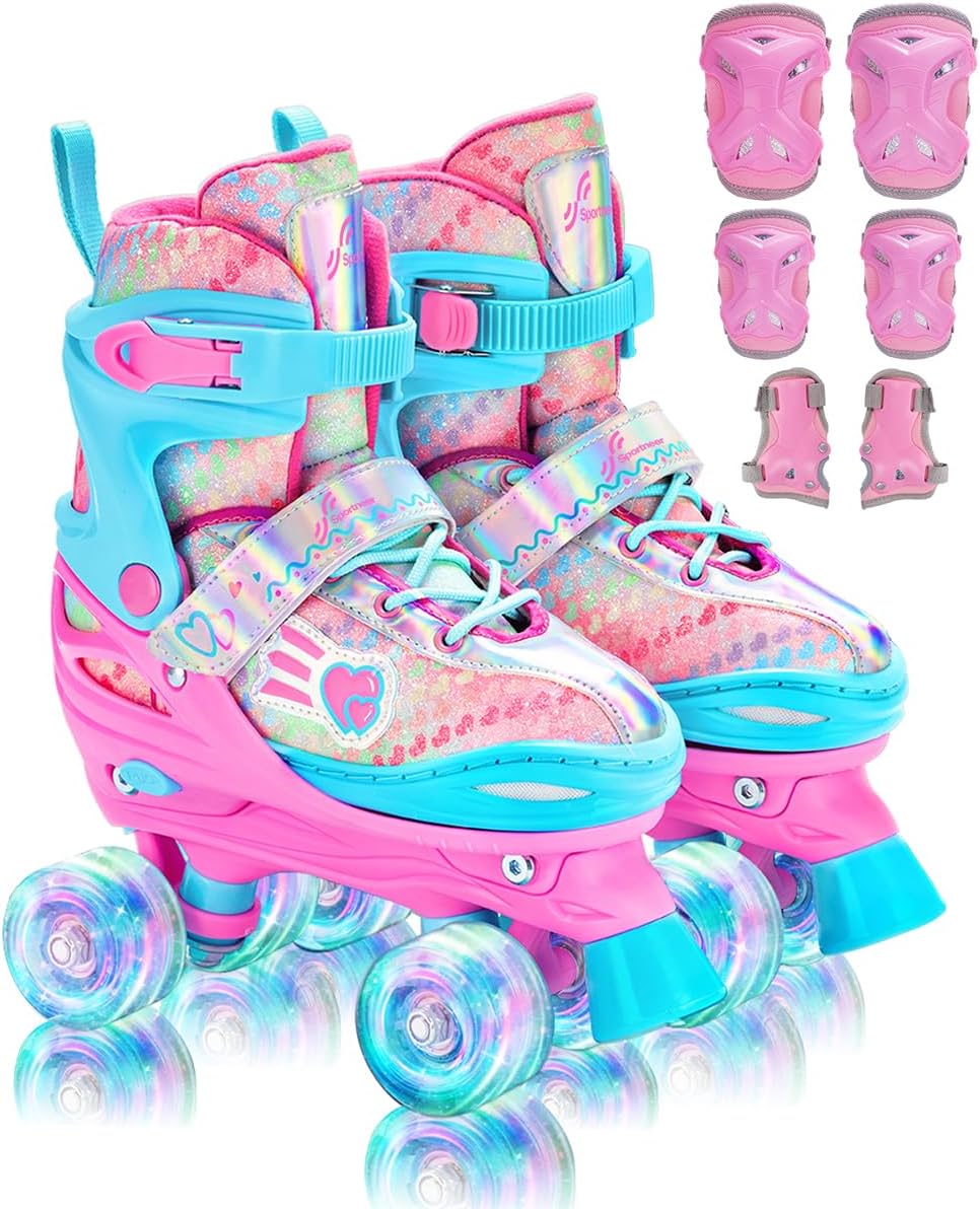 Sportneer Kids Roller Skates, Roller Skates with Protective Gear Set, Adjustable Roller Skates with 8 Light up Wheels, for Girls Kids Youth Beginner Indoor & Outdoor Use