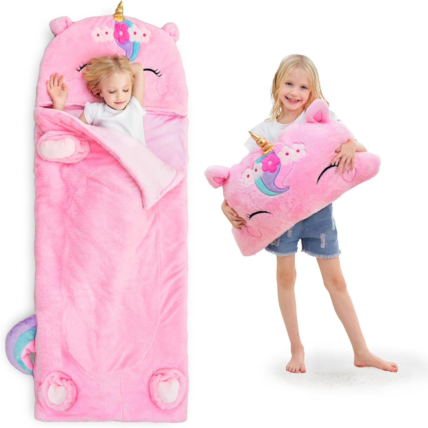 iPlay, iLearn Kid Sleeping Bag, Toddler Girl Boy Nap Mat, Plush Unicorn Dinosuar Slumber Bag 2 In 1 Pink Pillow Daycare Preschool Kindergarten Birthday Gift Travel Sleepover 3 4 5 6 7 8 10 12 Yr Child