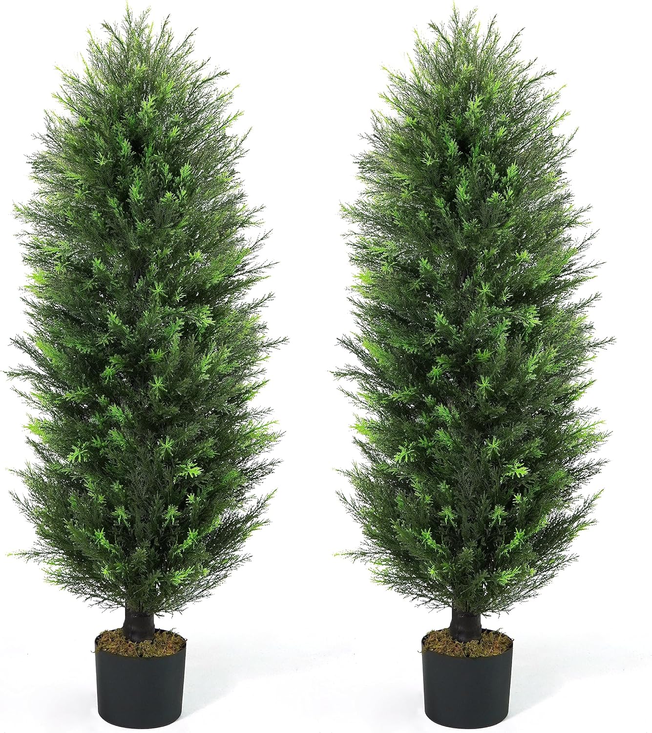 CAPHAUS 4 FT, 48 Inch Artificial Cedar Tree set of 2, Natural Faux Plants for Outside Planter, UV Resistant, Fake Boxwood Topiary w/Dried Moss, Artificial Tree Indoor, Outdoor Patio Decor