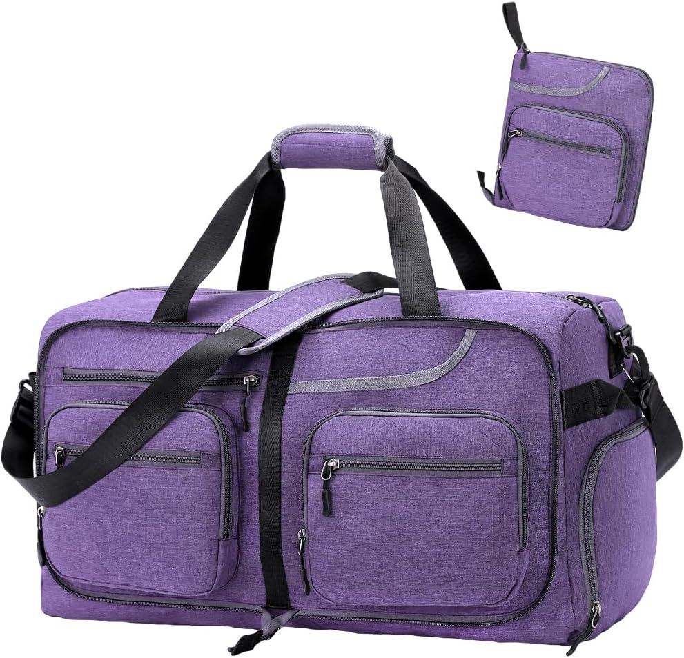 Travel Duffel Bag, 65L Foldable Travel Duffle Bag with Shoes Compartment and wet pocket, Waterproof & Tear Resistant (A5-Light purple, 65L)