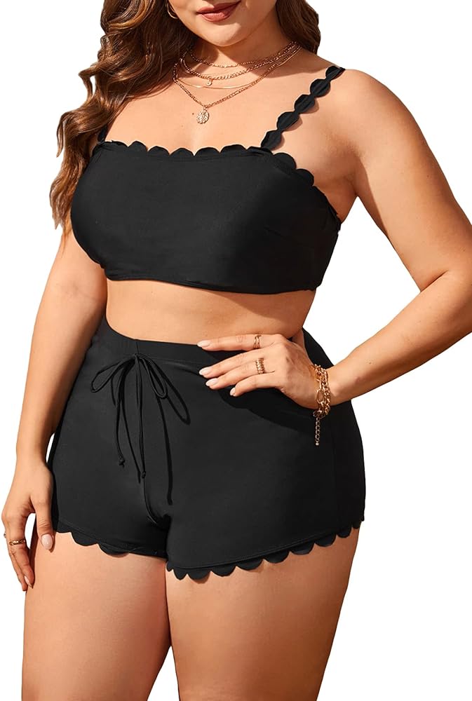 SOLY HUX Plus Size Bikini Sets for Women High Waisted Two Piece Swimsuit Scalloped Trim Tie Front Bathing Suits