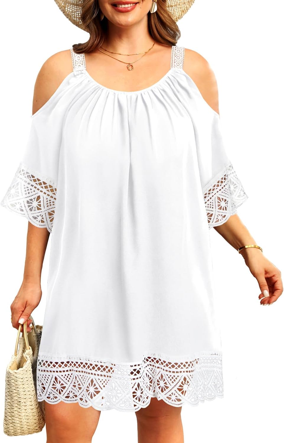 Pinup Fashion Plus Size Swimsuit Cover Ups Women Cold Shoulder Dress Loose Crochet Lace Sleeves Beach Coverup