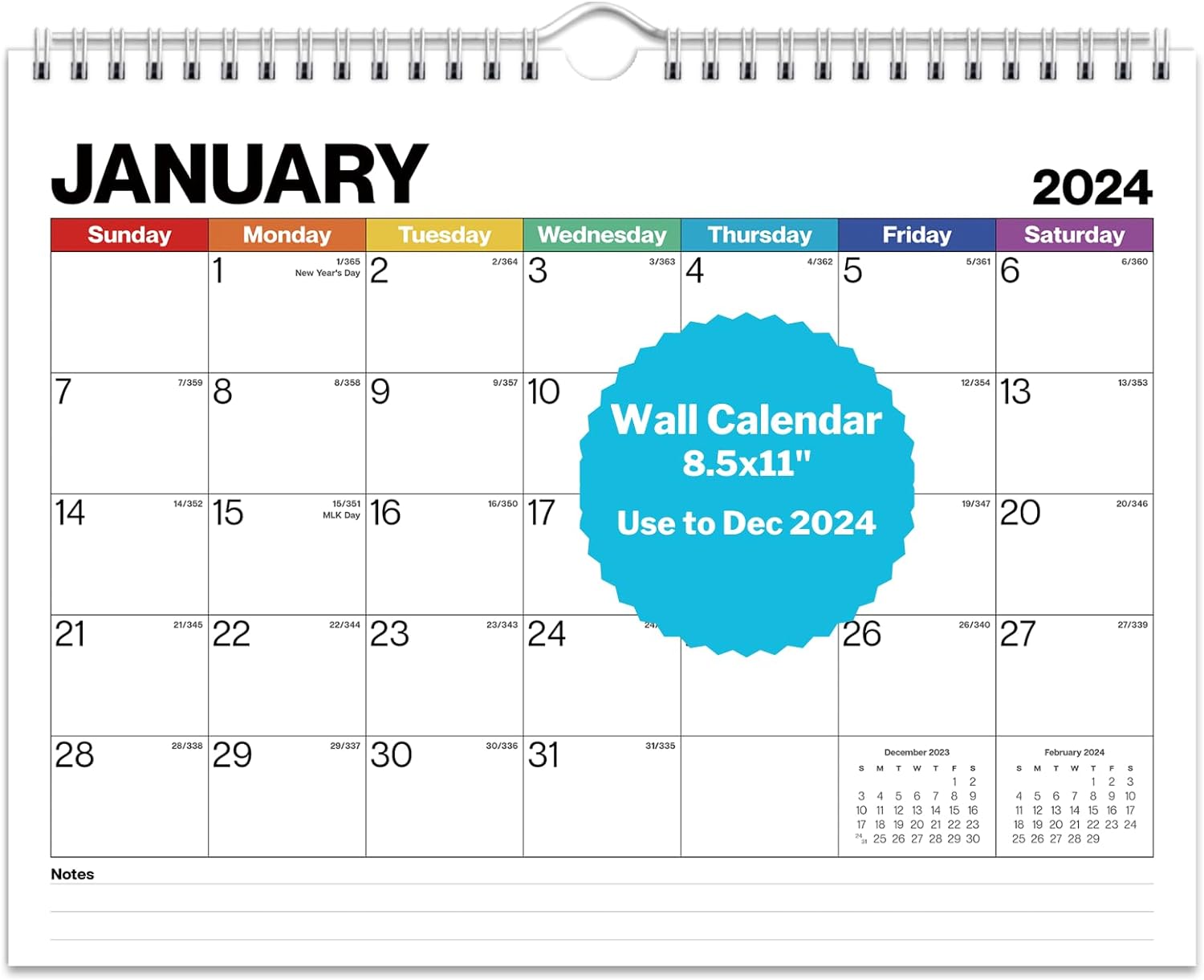 Dunwell Small Wall Calendar 2024 - (Colorful) 8.5 x 11 Small Hanging Calendar, Calendar Planner 2024, Monthly Wall Calendar, Spiral Desk Calendar