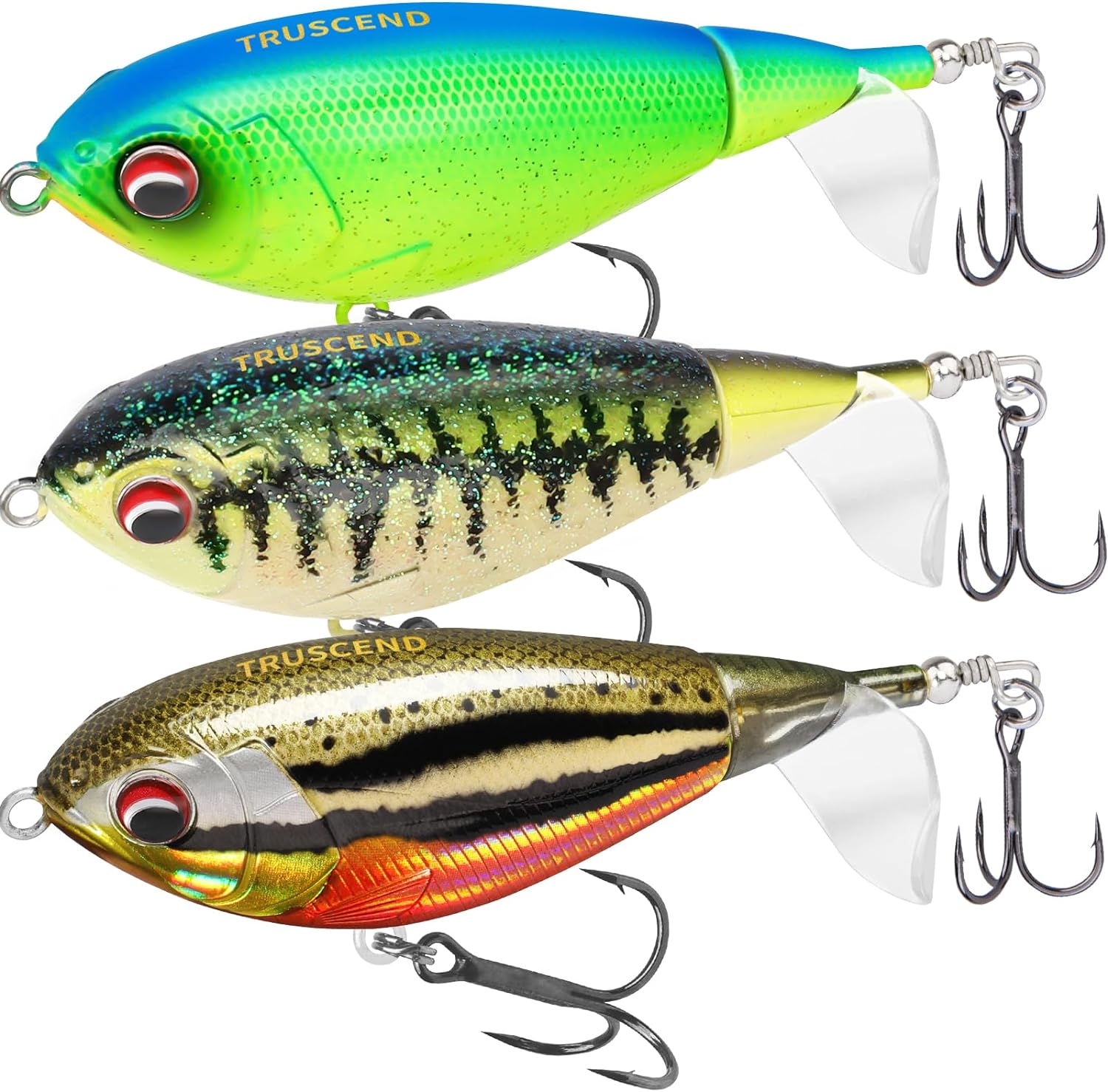 TRUSCEND Top Water Fishing Lures with BKK Hooks, Multifunction Plopper Fishing Lures for Bass Catfish Pike Perch, Topwater Bass Bait Lure with Propeller Tail, Pencil Floating Lure