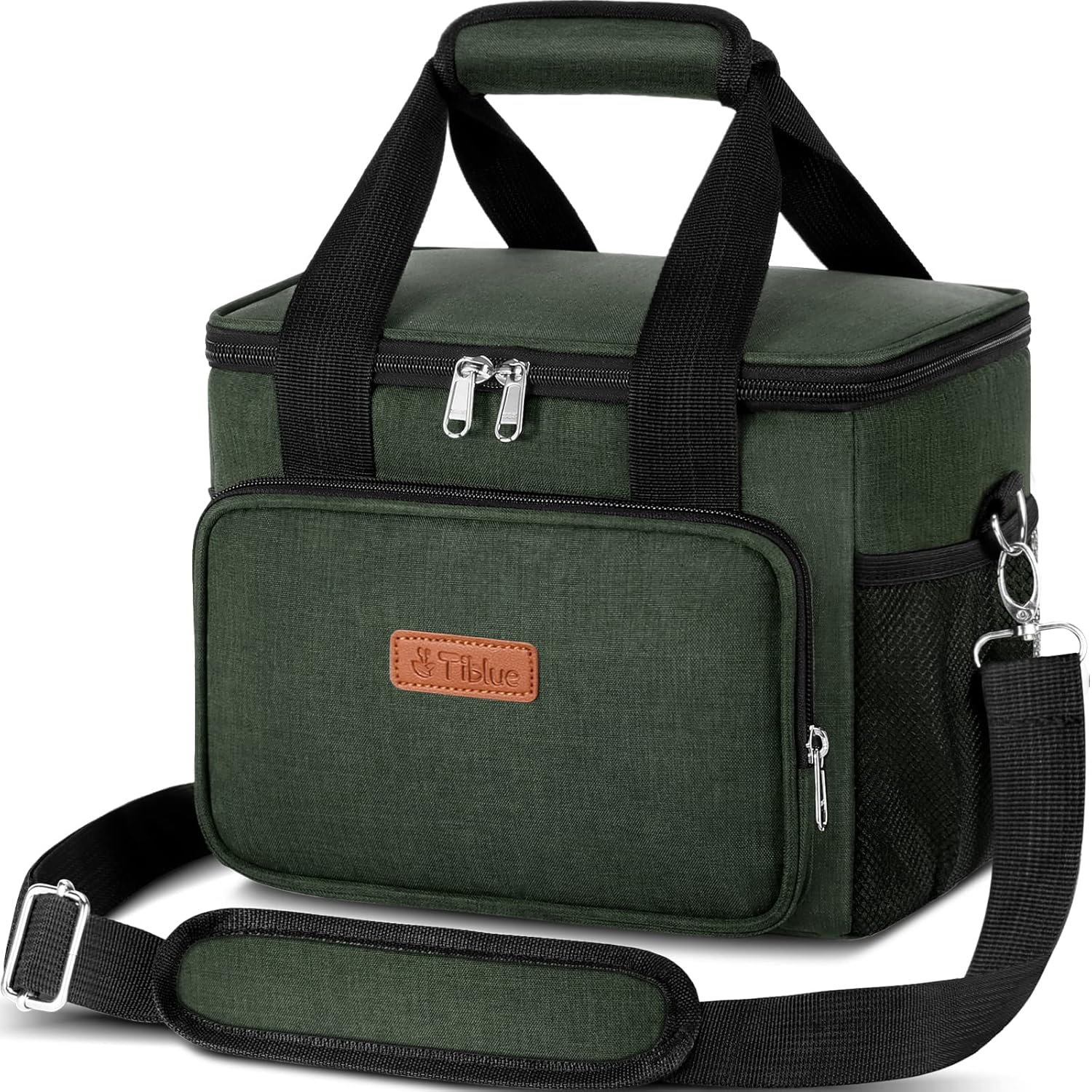 Tiblue Insulated Reusable Lunch Box for Office Work School Picnic Beach, Leakproof Freezable Cooler Bag with Adjustable Shoulder Strap (Medium, Dark green)