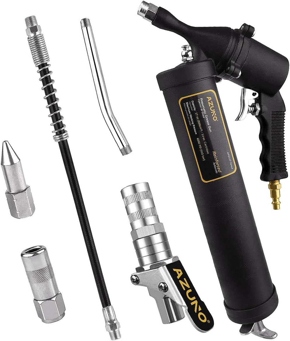 AZUNO Pneumatic Grease Gun, Heavy Duty 6000 PSI Air Compressor Grease Guns with Flex Hose, Metal Extension, Professional Coupler and Sharp Nozzle