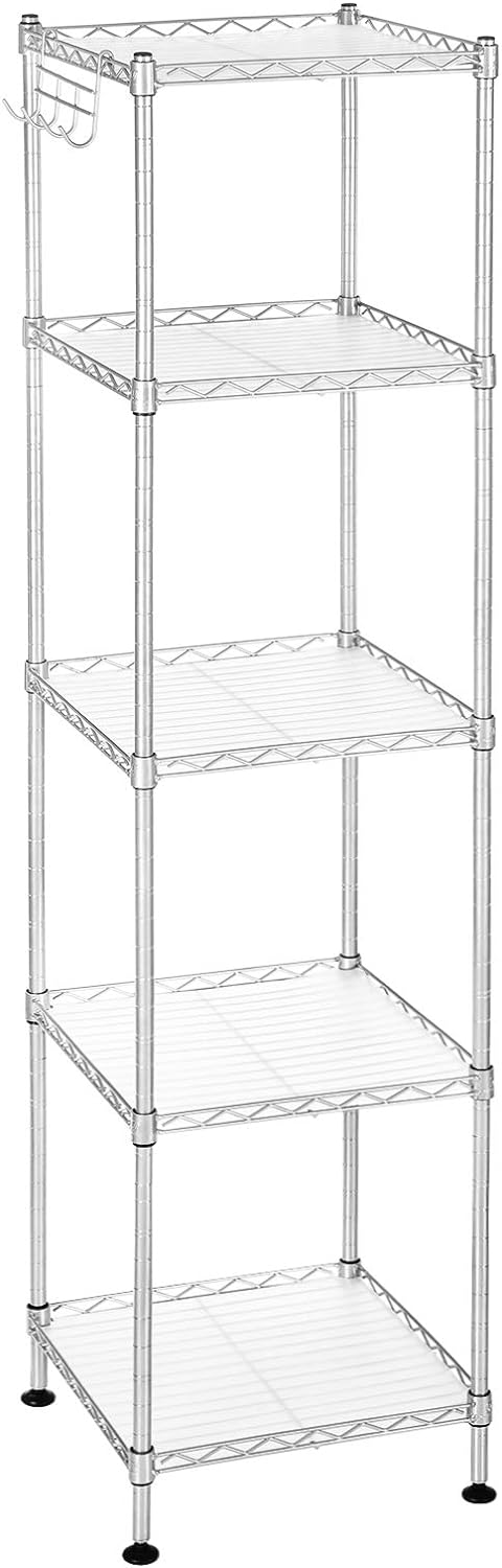 SONGMICS Bathroom Shelf, Storage Rack for Small Space, Total Load Capacity 220 lb, 11.8 x 11.8 x 48.6 Inches, with 5 PP Sheets, Removable Hooks, Extendable Design, Silver and Translucent ULGR023S01