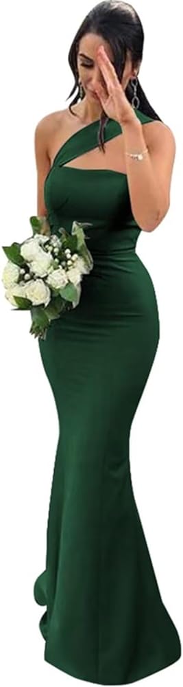 One Shoulder Mermaid Bridesmaid Dresses Satin Prom Dress Long Bodycon Formal Wedding Dress for Women