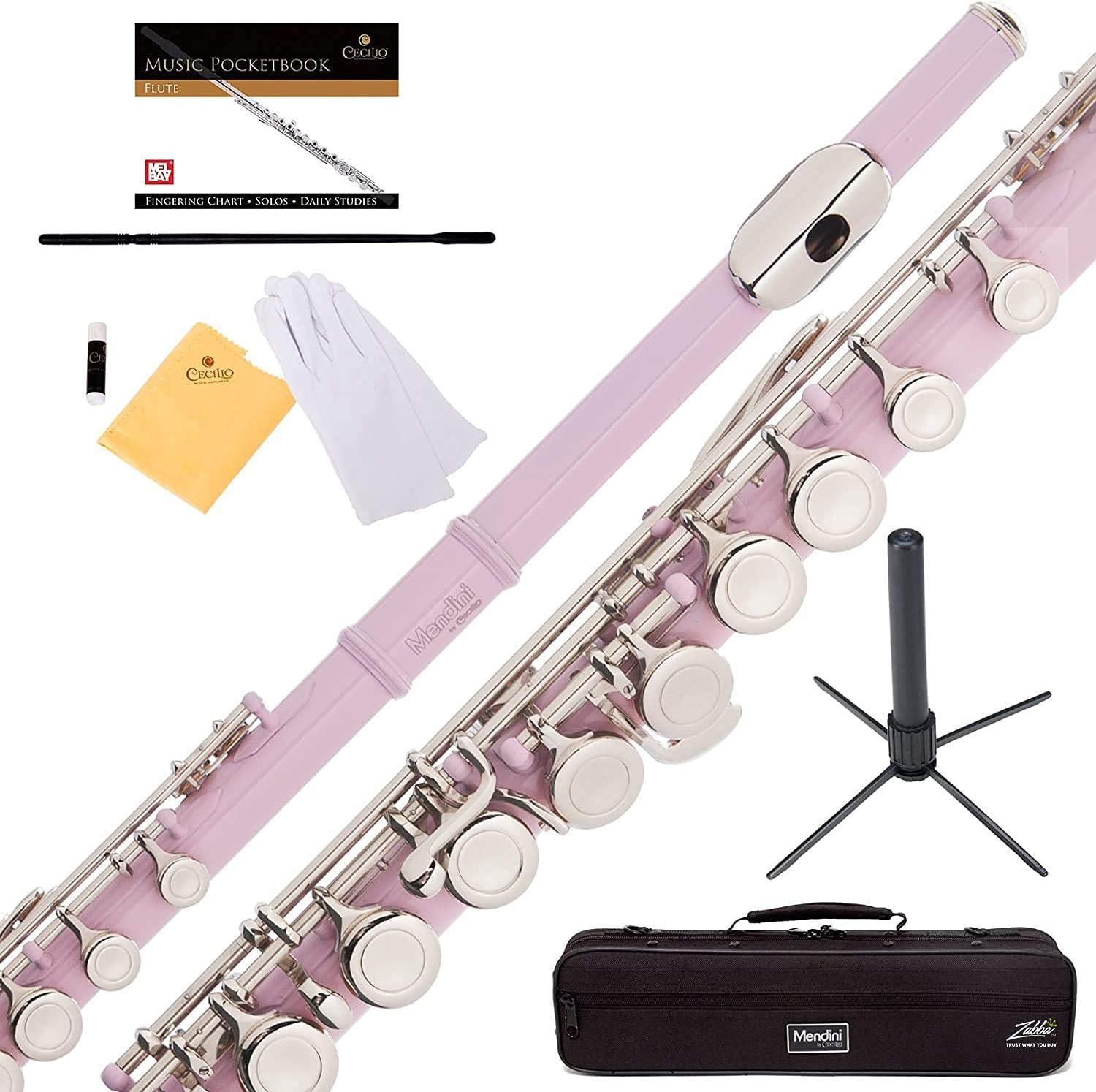 Mendini By Cecilio Flutes - Closed Hole C Flute For Beginners, 16-Key Flute with a Case, Stand, Lesson Book, and Cleaning Kit, Musical Instrument for Kids, Pink Flute