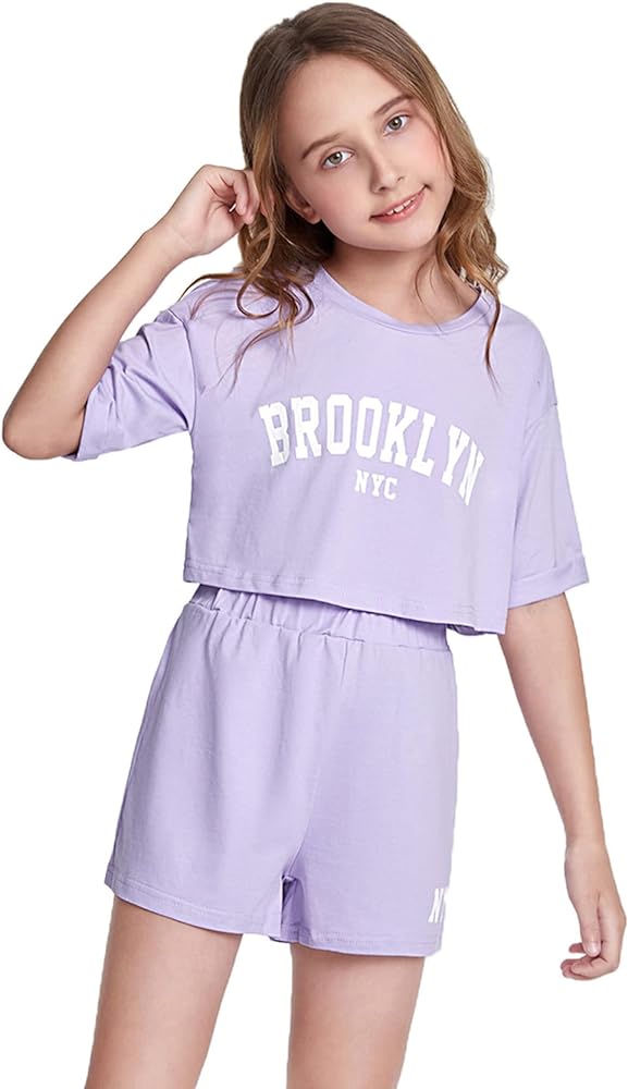 SOLY HUX Girl's 2 Piece Outfit Letter Print Short Sleeve Crop Top and Shorts Set