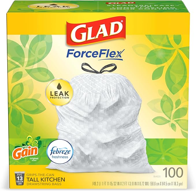 Glad ForceFlex Tall Kitchen Drawstring Trash Bags, 13 Gal, 100 Ct (Package May Vary)