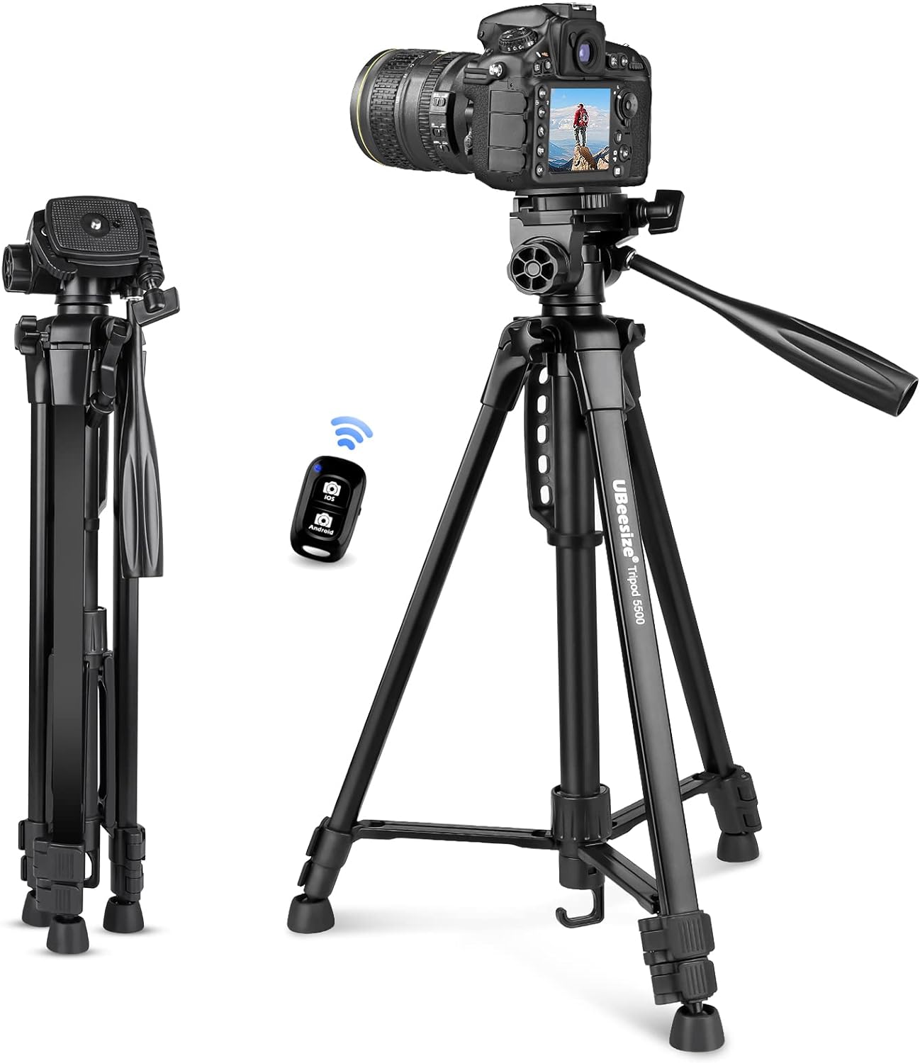 UBeesize 55" Aluminum Alloy Professional Tripod, Extendable Camera Tripod Stand with Wireless Remote and Phone Holder, Compatible with Canon&Nikon Cameras Black