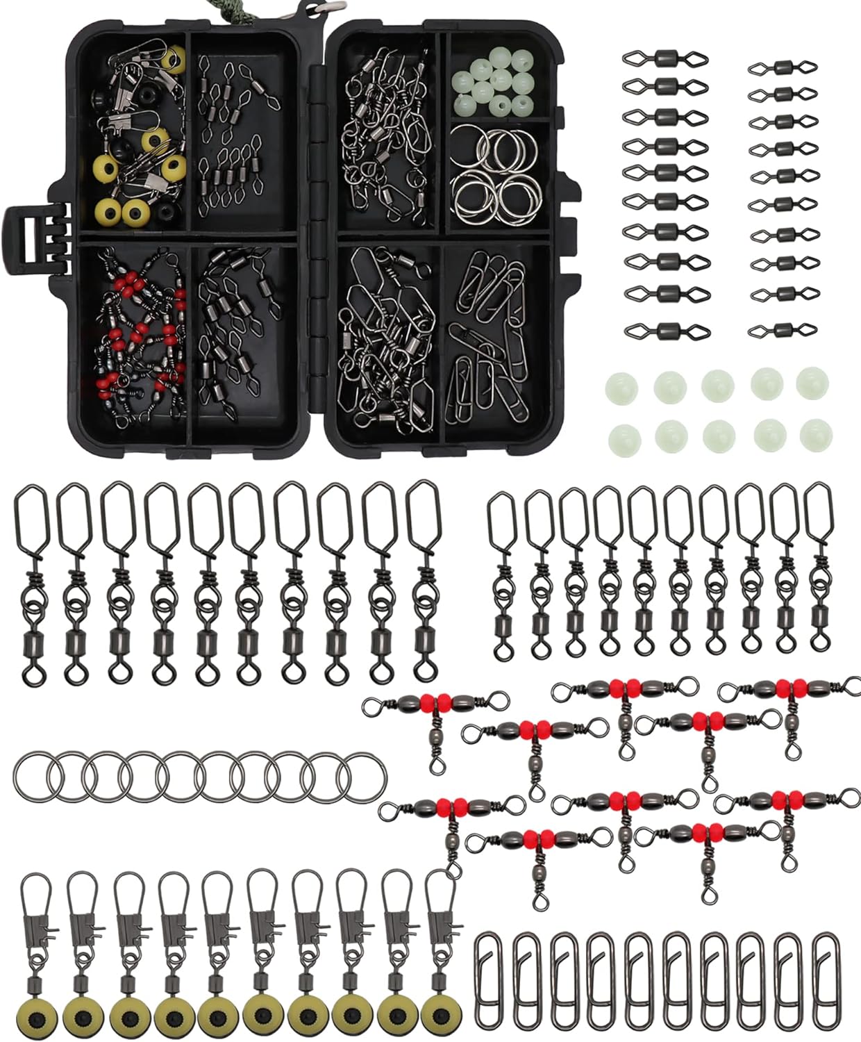 Fishing Accessories Kit with Hooks Bass Casting Sinkers Fishing Swivels Snaps Sinker Slides Fishing Line Beads Fishing Set with Tackle Box Lanyard