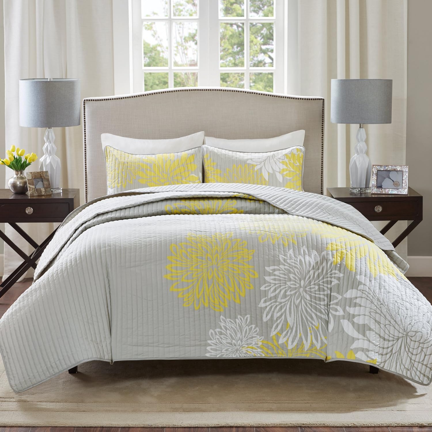 Comfort Spaces Enya Quilt Set - Casual Floral Print Channel Stitching Design, All Season, Lightweight Coverlet, Cozy Bedding, Matching Shams, Decorative Pillows, Full/Queen(90x90), Yellow 3 Piece