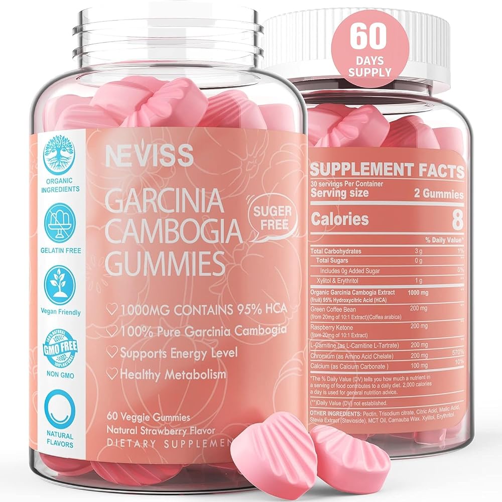 Sugar Free Garcinia Cambogia Gummies 1000mg 95% HCA with L-Carnitine, Raspberry Ketone, Chromium, Green Coffee Bean for Metabolism, Energy Boost, 100% Organic Extract, Vegan, Strawberry Flavor 120 Cts