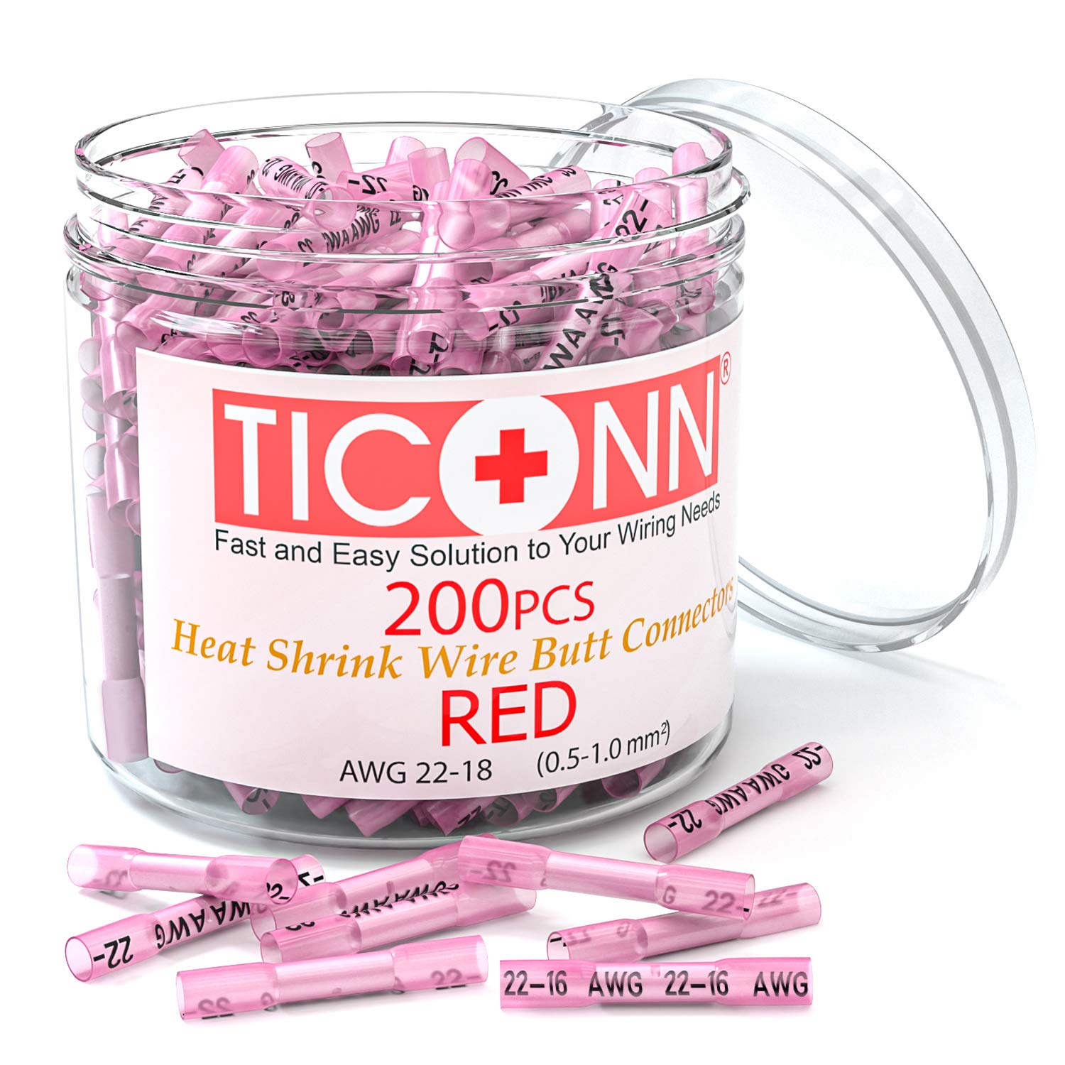 TICONN Red 200PCS Heat Shrink Butt Wire Connector Kit, Insulated Waterproof Electrical Marine Automotive Wire Crimp Terminals Butt Splice (Red200PCS)