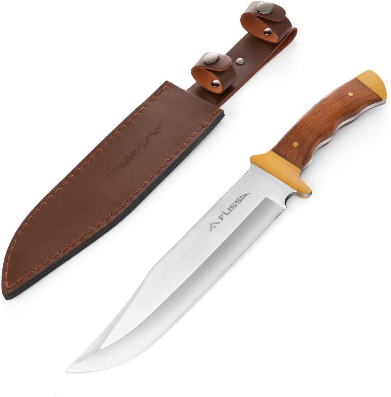 FLISSA 14-inch Bowie Knife, Full-tang Fixed Blade Knife with Wood Handle, Hunting Knife with Leather Sheath for Outdoor Survival, Camping, Hiking