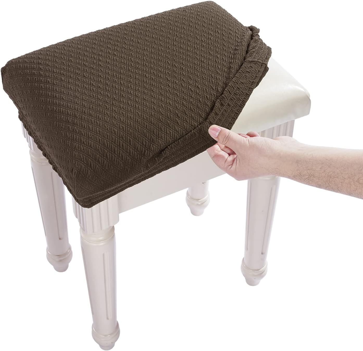 BUYUE Luxury Vanity Bench Stool Cover, (15"- 20") L x (11.8"- 15.7") W Rectangle Small Bench Stretch Jacquard Washable Slipcover (XS, Brown)