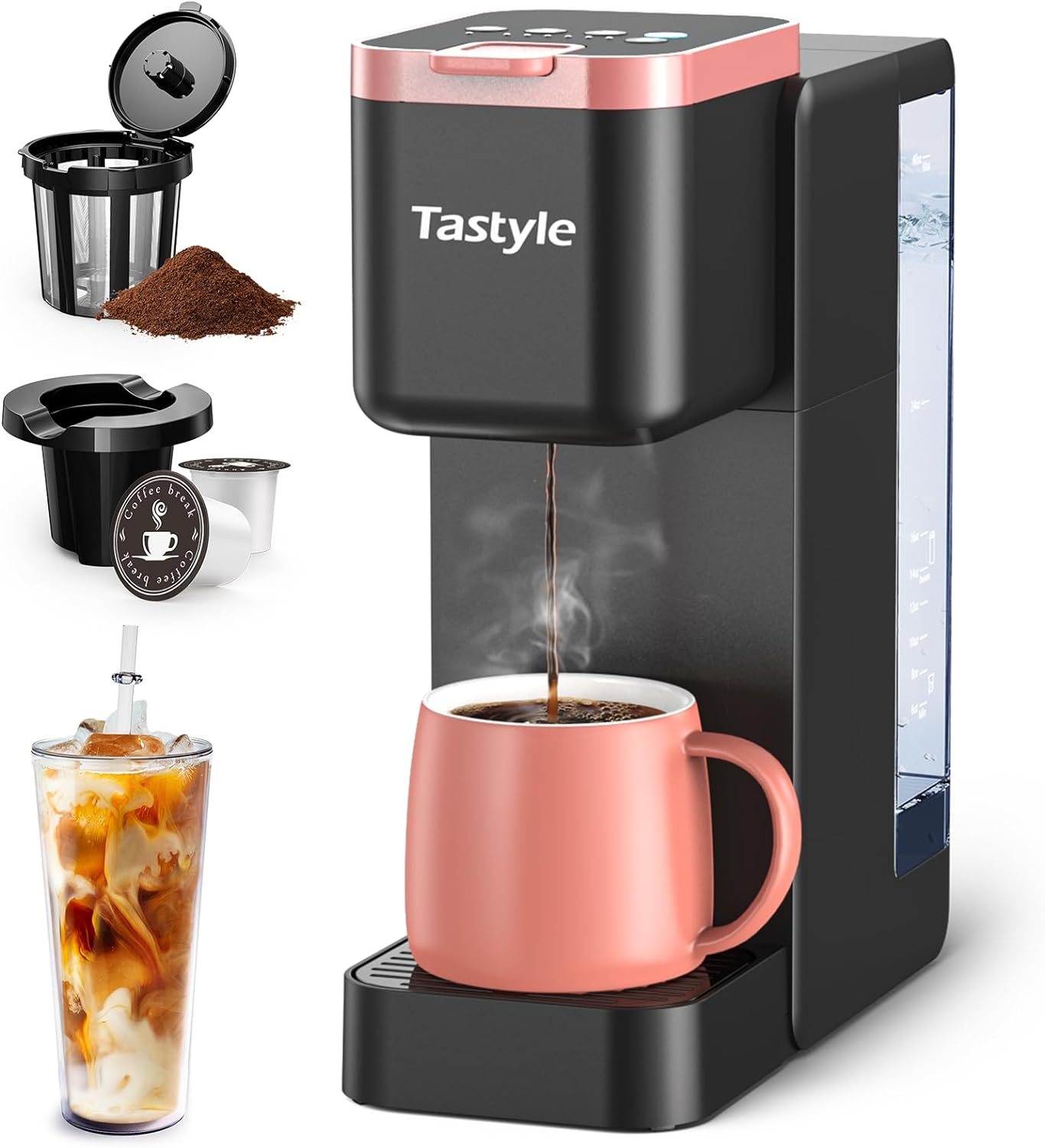 Tastyle Iced and Hot Coffee Maker, Single Cup Coffee Pod Machine for K Cup & Ground Coffee, Coffee Brewer Includes Removable 40 oz. Water Reservoir, 6 to 24 oz. Brew Sizes, Black and Pink