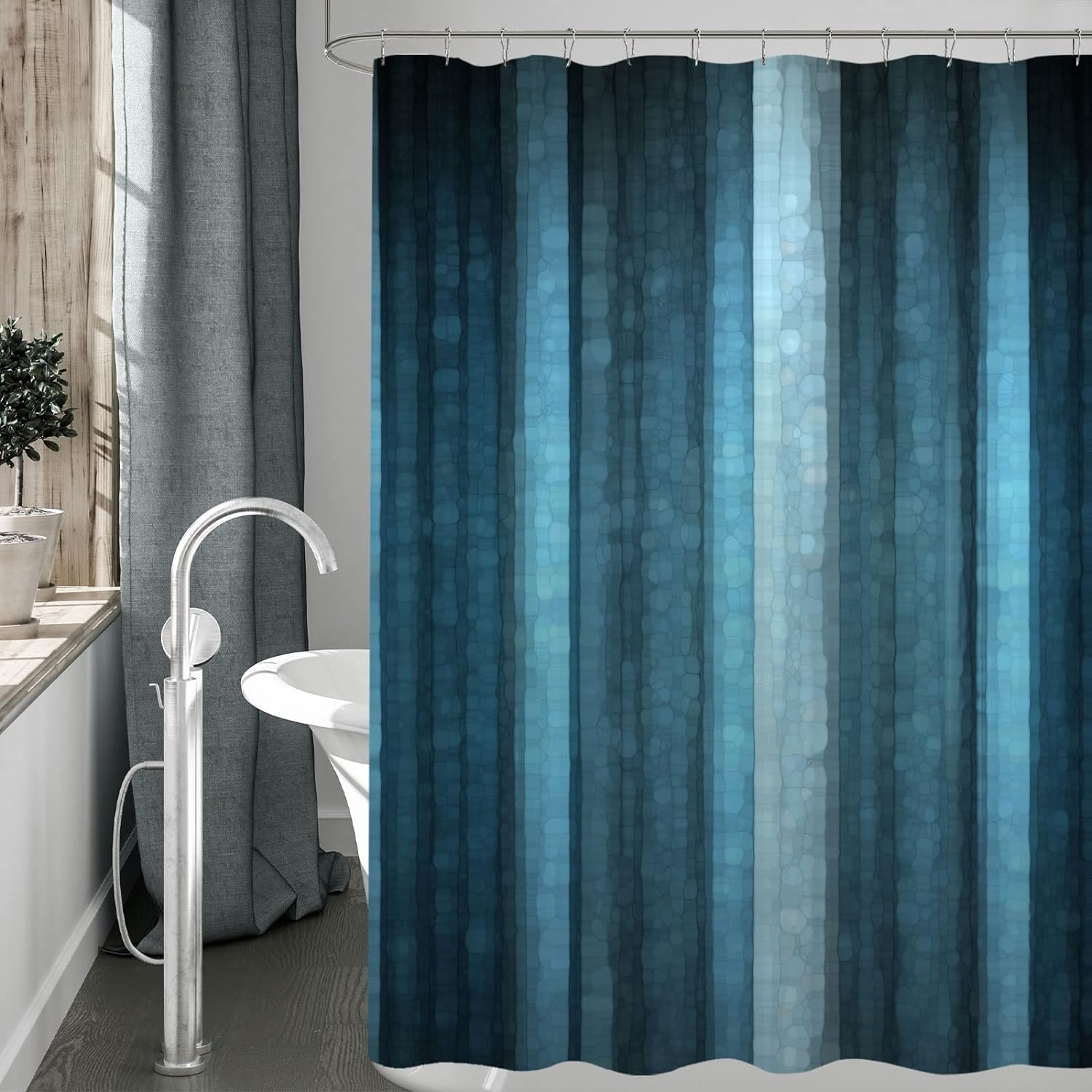 Gibelle Blue Striped Shower Curtain, Modern Elegant Neon Blue Shower Curtain Set with Hooks, Abstract Mosaic Glass Texture Dark Stripe Art Decorative Waterproof Fabric Bathroom Decor, 72" W x 72" L