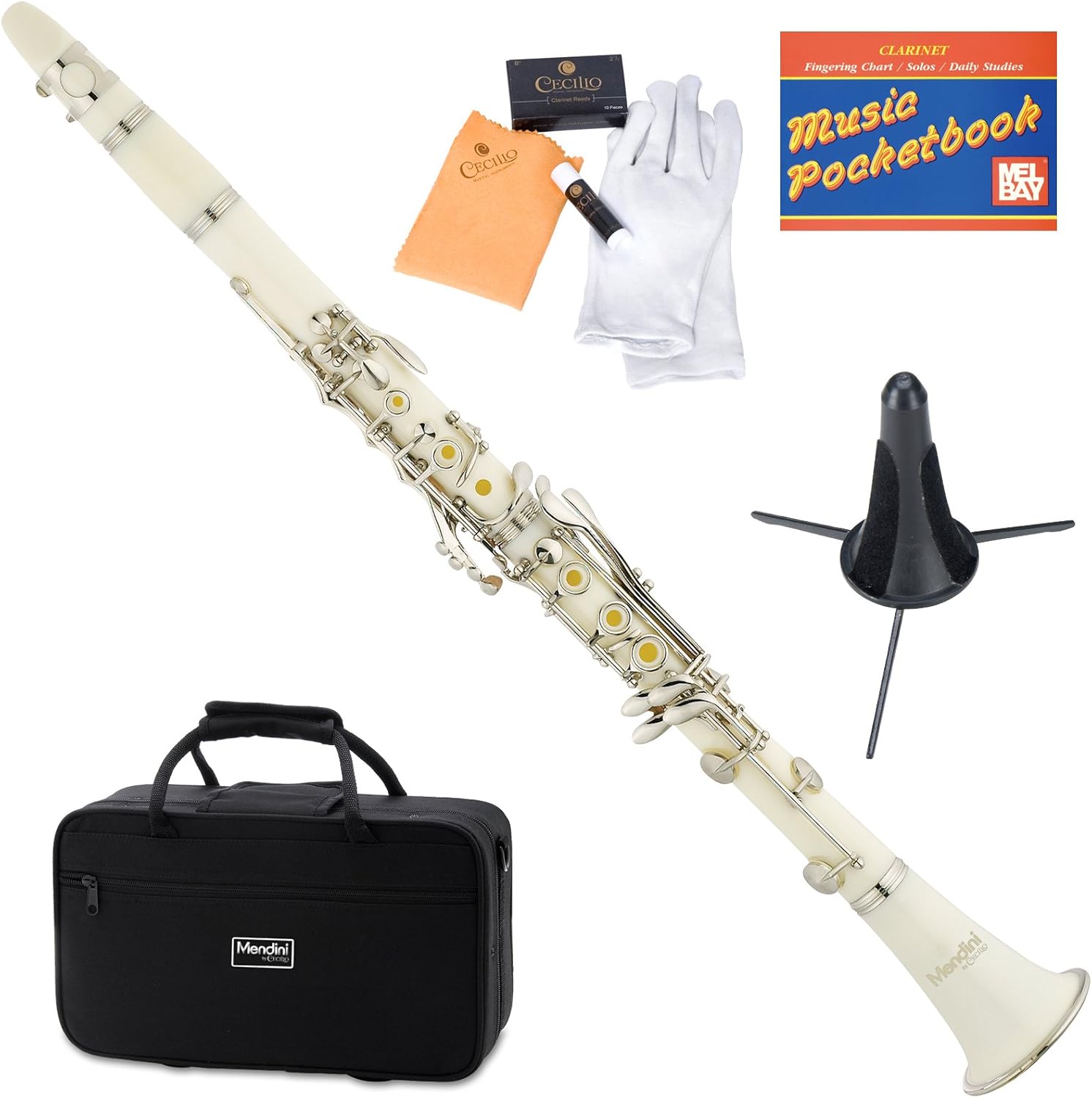 Mendini by Cecillo Bb Clarinet w/Case - Best Beginners Clarinet for Students, Adults and Kids w/Stand, Pocketbook, Mouthpiece and 10 Reeds - Wind & Woodwind Musical Instruments - White