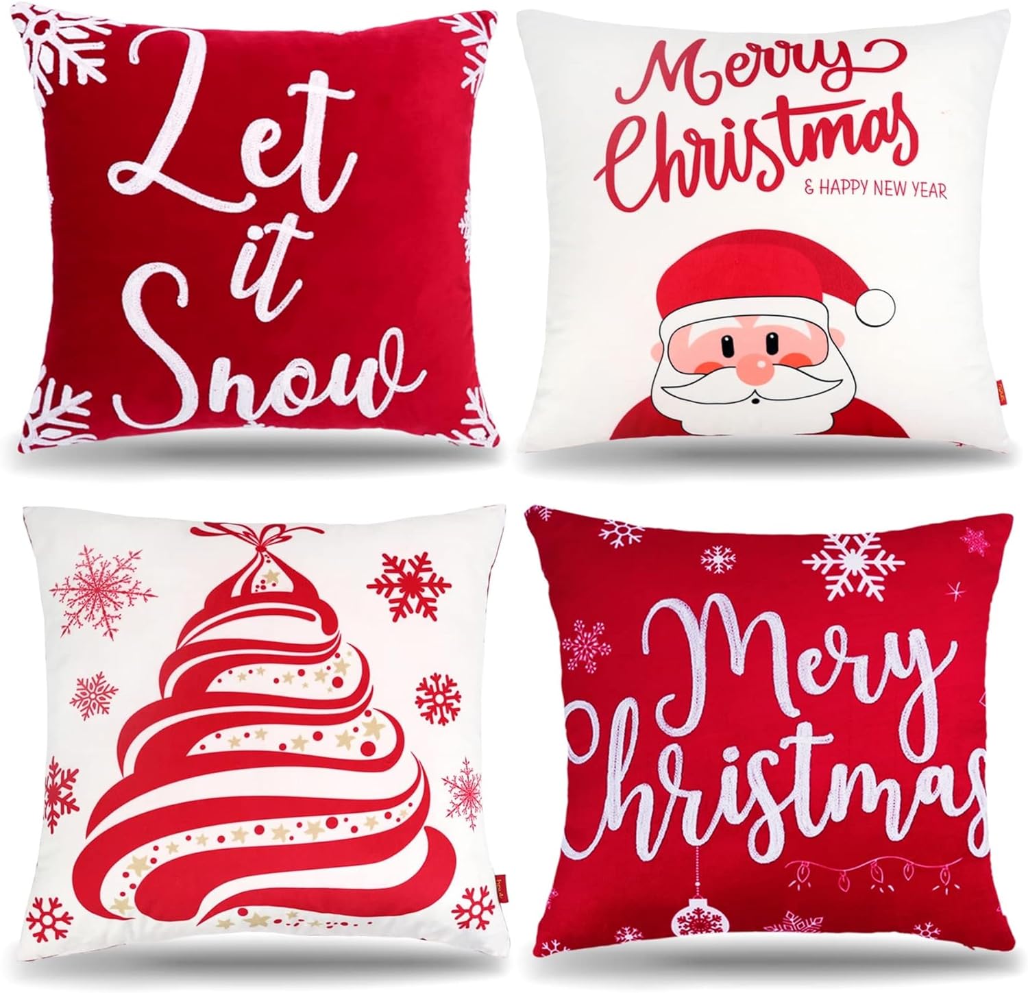 HPUK Christmas Embroidery Pillow Covers Set of 4, 18x18 inch Decorative Couch Pillows for Winter, Red and White Accent Pillow Covers for Living Room, Bedroom, Sofa, Santa Claus