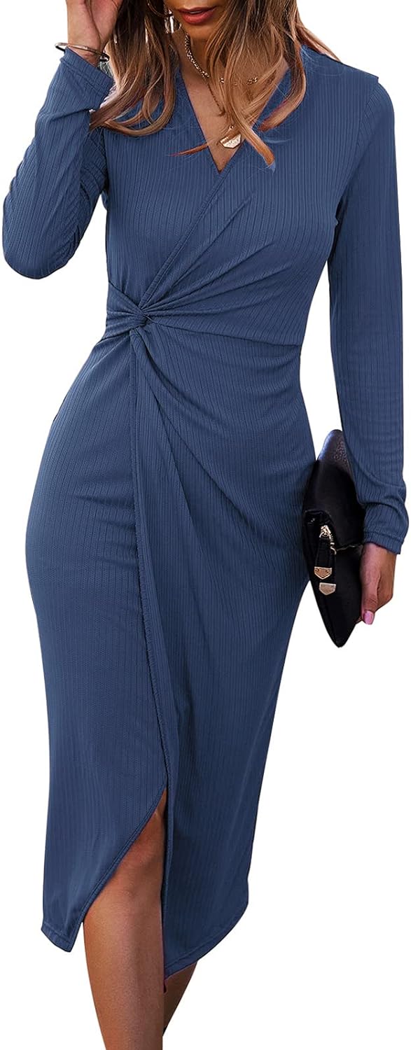 SHIBEVER Women' Long Sleeve Dress: Midi Casual V Neck Dresses Twist Waist Ribbed Knit Bodycon Slit Cocktail Party Dress